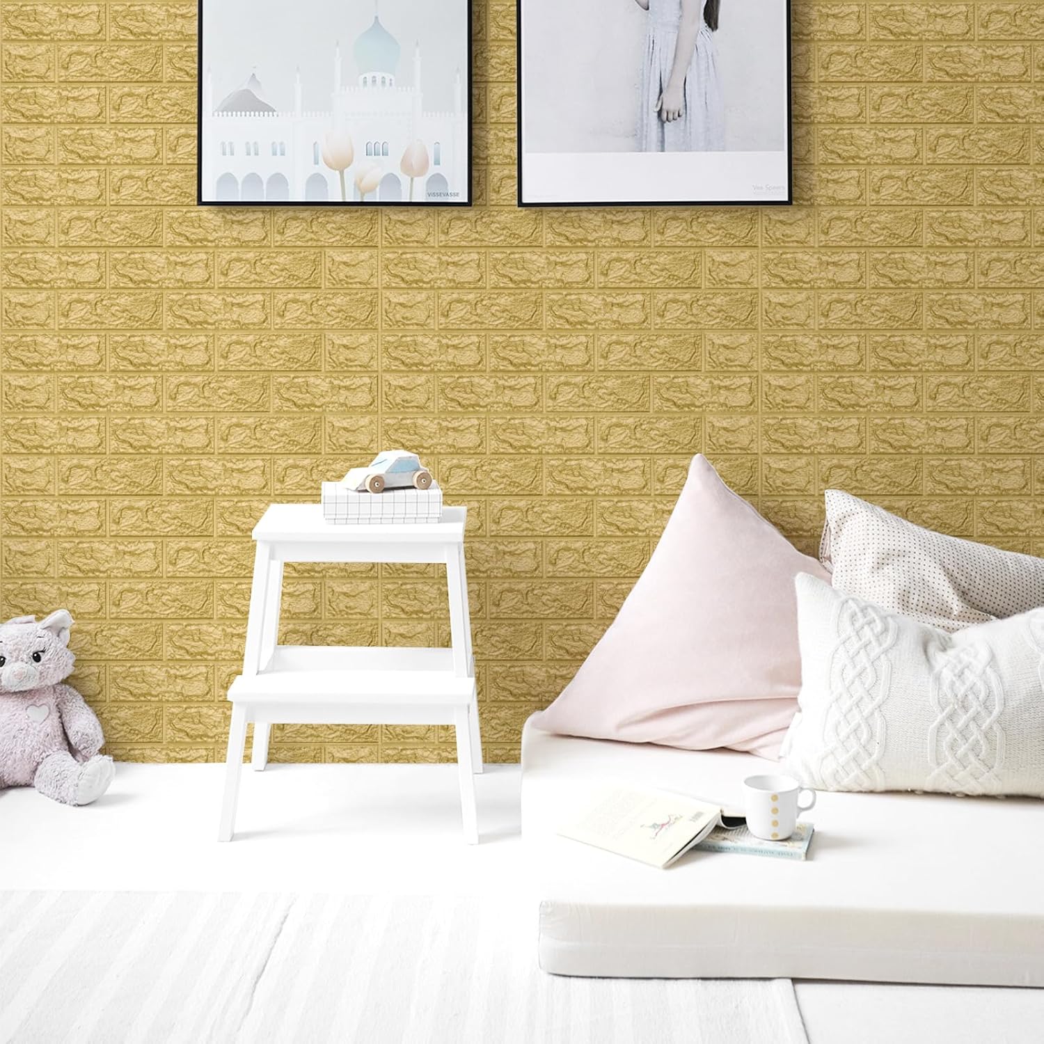 Art3d Paneles de pared de ladrillo de espuma autoadhesivos 3D de 29 pies cuadrados, color amarillo (paquete de 5)