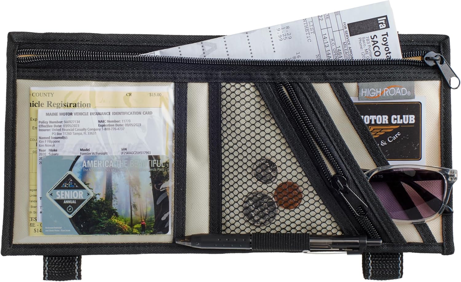 High Road Organizador de visera de automóvil con bolsillo transparente para registro y seguro, bolsillos con cremallera, soporte para lentes de sol