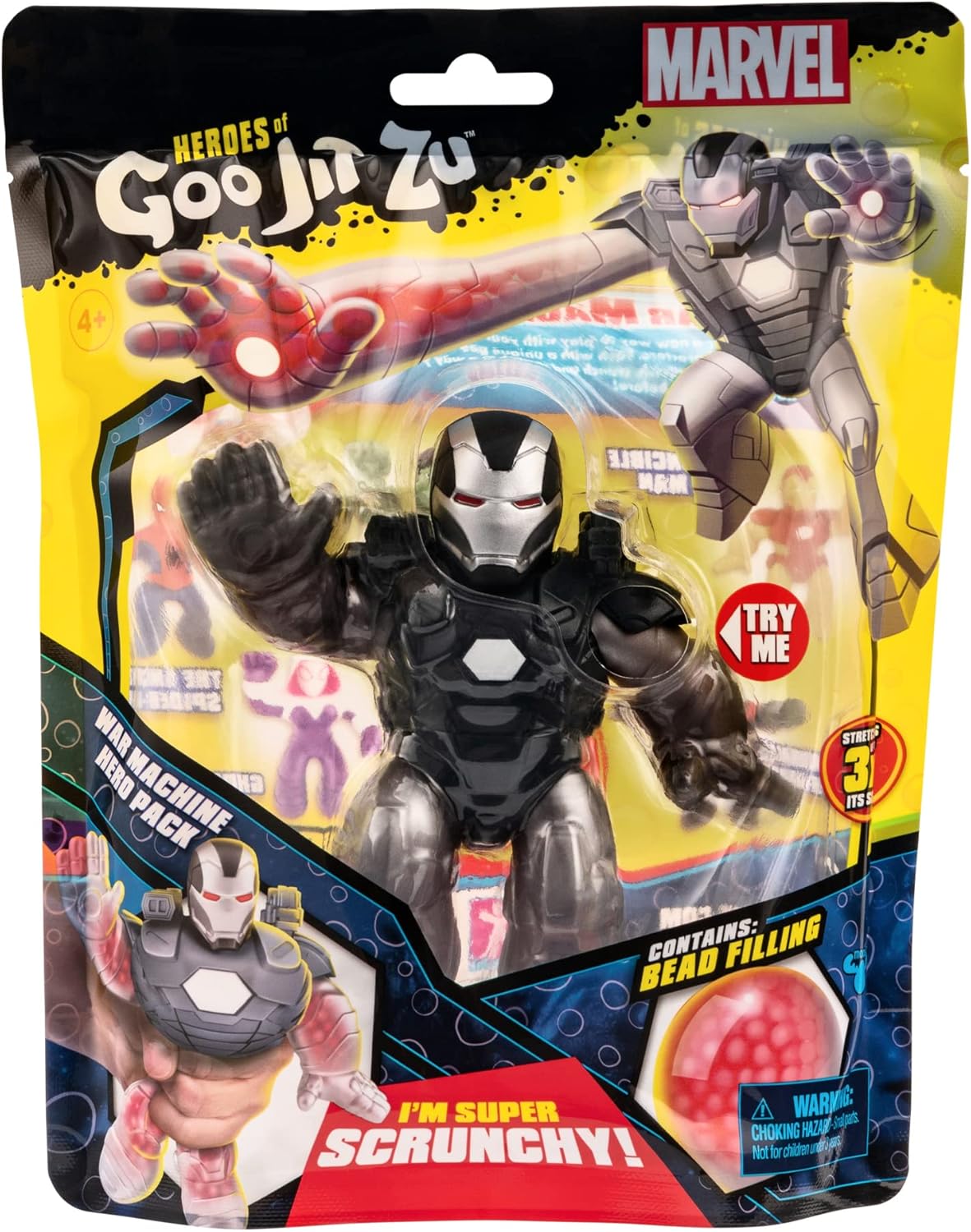 Heroes of Goo Jit Zu Marvel War Machine Hero Pack  Figuras de Marvel rellenas de cuentas súper Scrunchy de 4.5 pulgadas de alto (41494)
