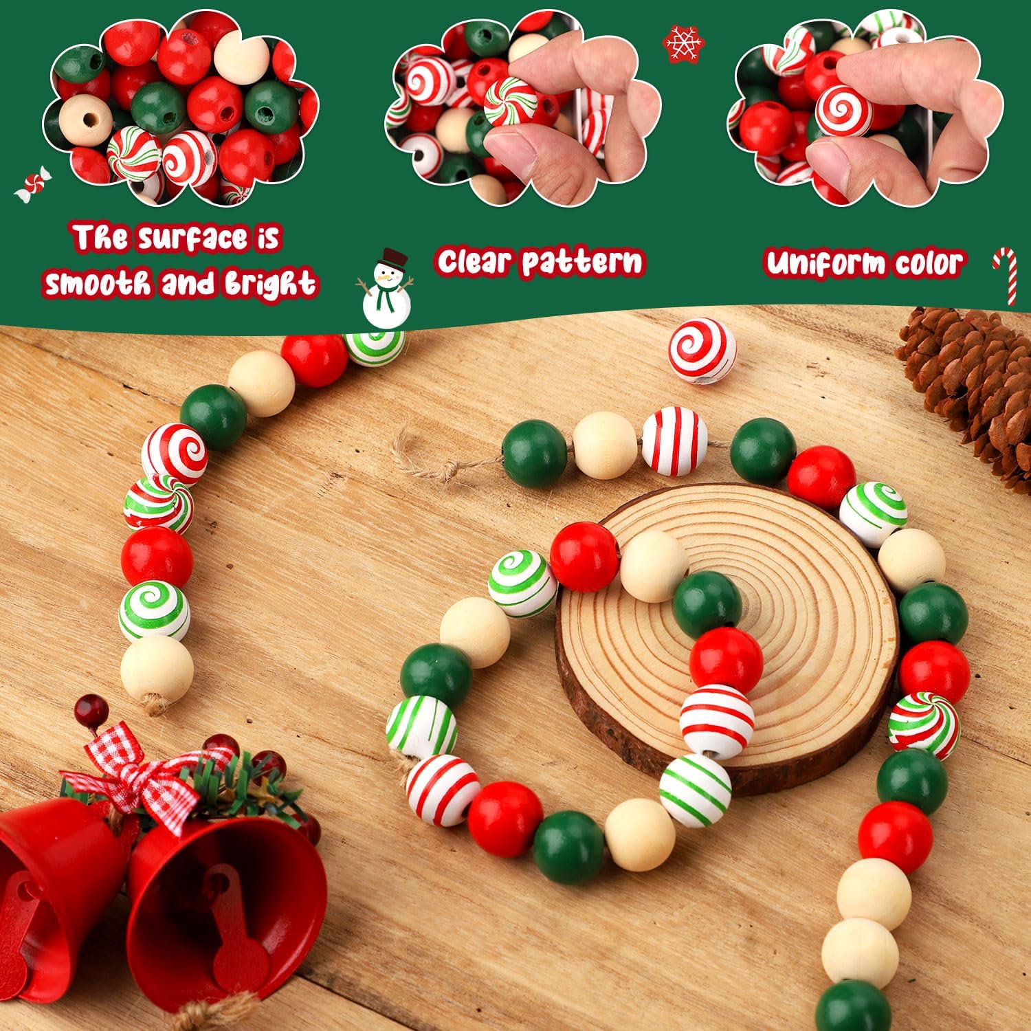 240 cuentas de madera de Navidad para manualidades, cuentas de madera coloridas de 0.63 pulgadas con cuerda de cáñamo de 65.6 ft, redonda de madera