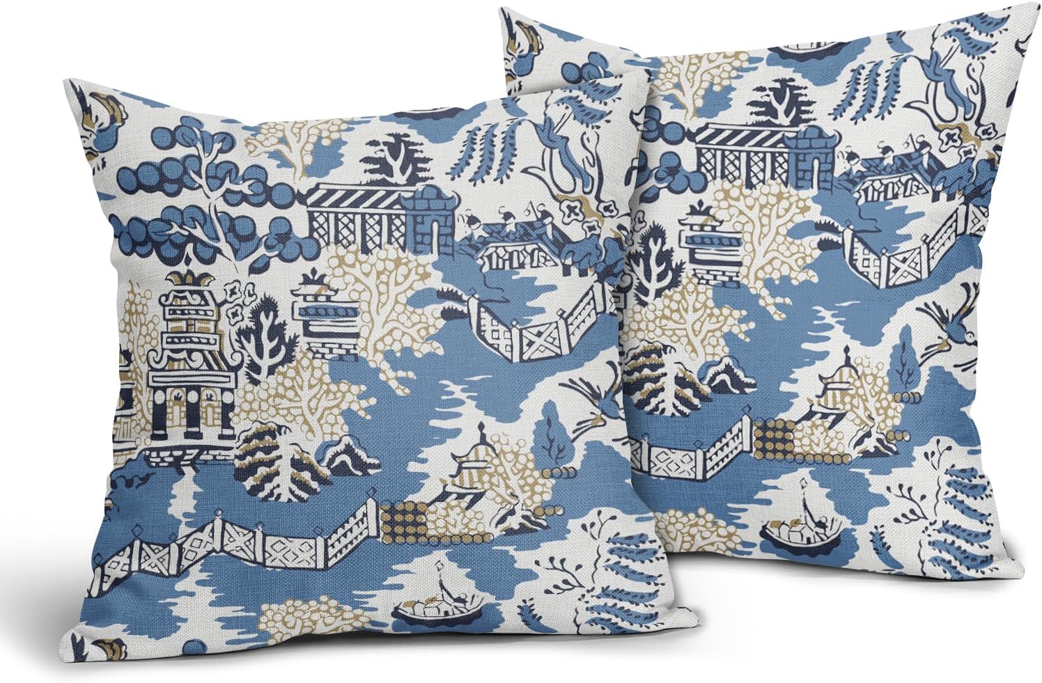 Granbey Chinoiserie – Juego de 2 fundas de almohada elegantes asiáticas escénicas de 18 x 18 pulgadas, pagoda azul marino y blanco, fundas de