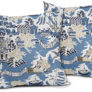 Granbey Chinoiserie – Juego de 2 fundas de almohada elegantes asiáticas escénicas de 18 x 18 pulgadas, pagoda azul marino y blanco, fundas de Granbey Chinoiserie – Juego de 2 fundas de almohada elegantes asiáticas escénicas de 18 x 18 pulgadas, pagoda azul marino y blanco, fundas de