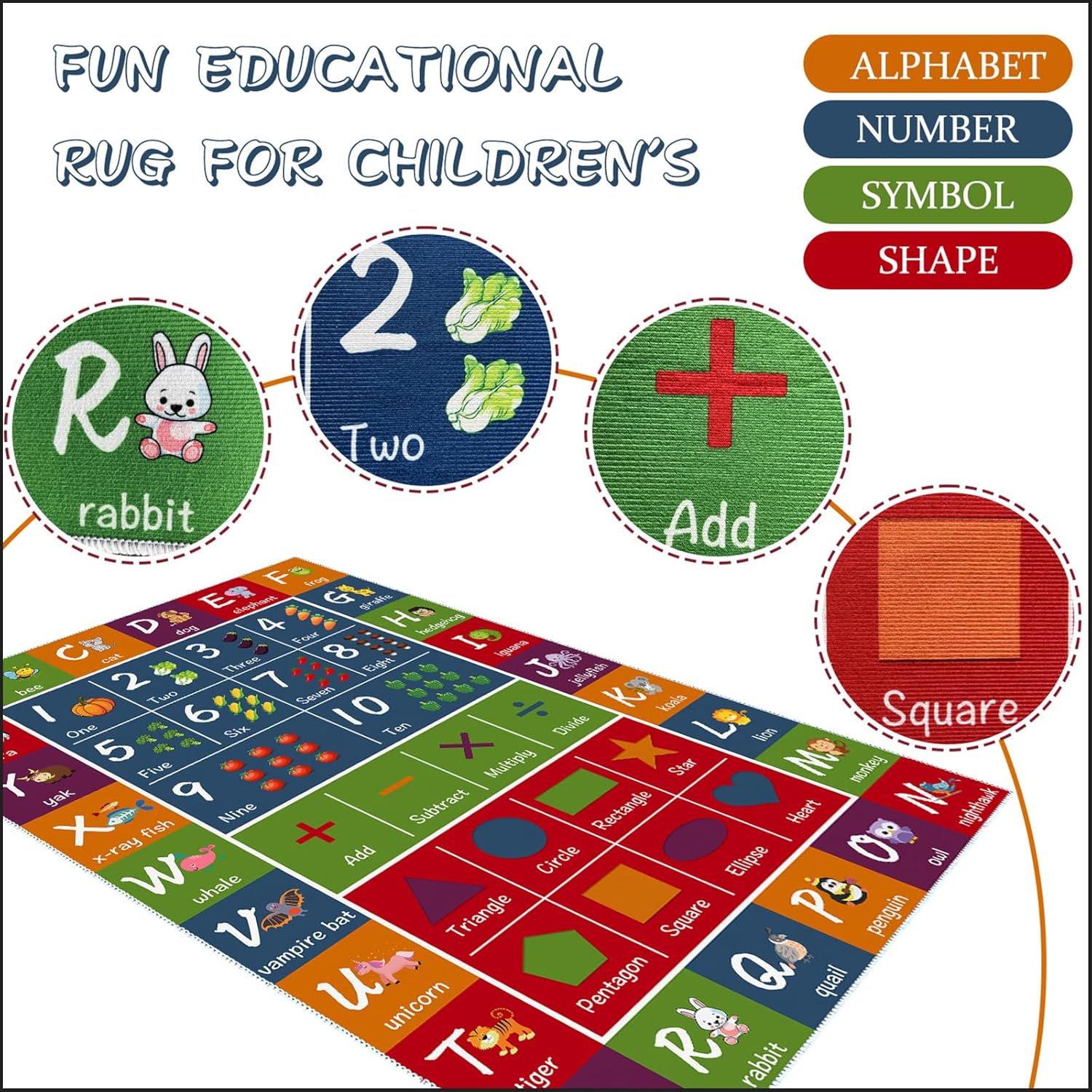 SAMESIEG Alfombra educativa ABC para niños, con forma de símbolo del alfabeto con patrón de animales y verduras, tapete antideslizante para