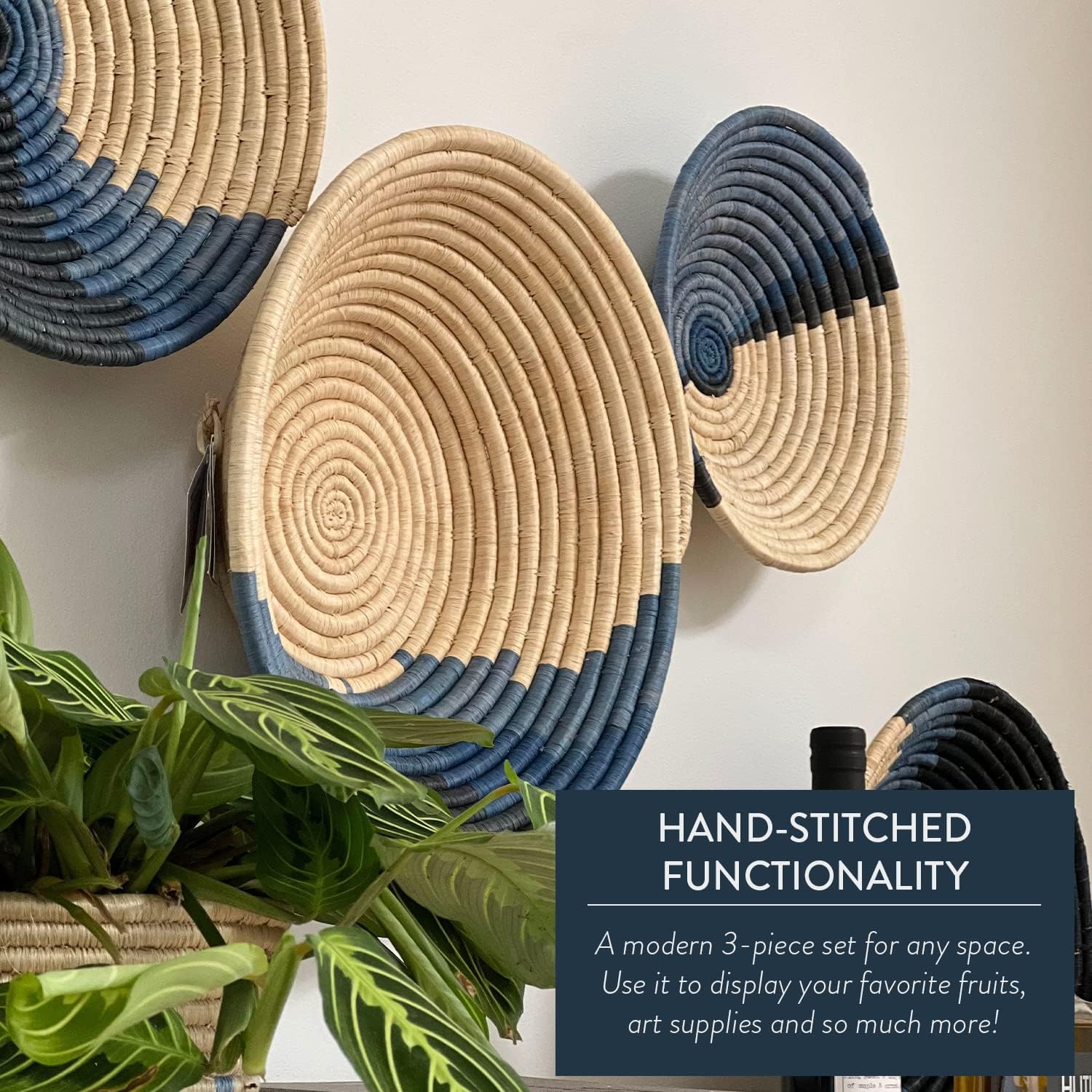 KAZI Cestas decorativas, decoración de pared y hogar, frutero y cesta de almacenamiento, hechas a mano con rafia, ecológicas por artesanos