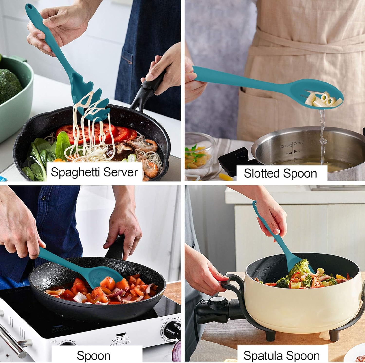 LIANYU Juego de utensilios de cocina de silicona de 12 piezas con soporte, herramientas de cocina que incluyen espátula ranurada, cuchara, cucharón,