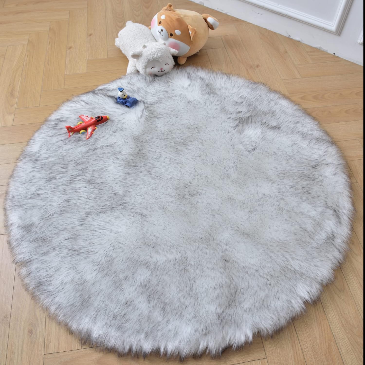 duduta Alfombra redonda de piel de oveja sintética de color negro y blanco de 4 x 4 pies, esponjosa y esponjosa para decoración de cuarto de bebé,