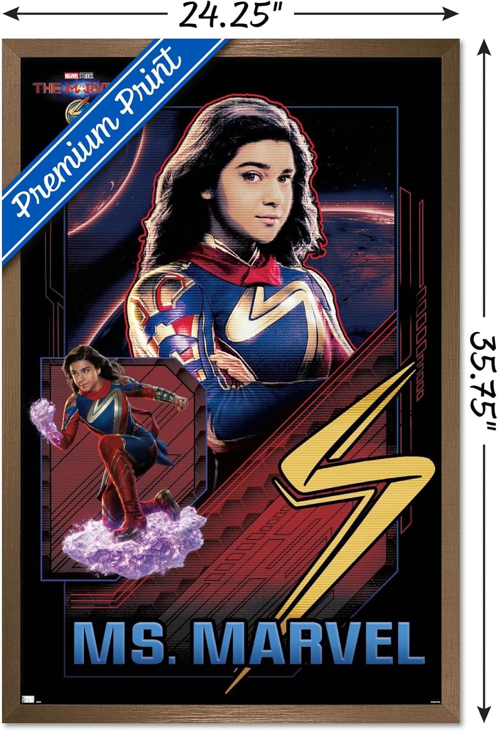 Trends International Marvel The Marvels – Póster de pared de Ms. Marvel, 22.37 x 34.00 pulgadas, versión enmarcada en bronce
