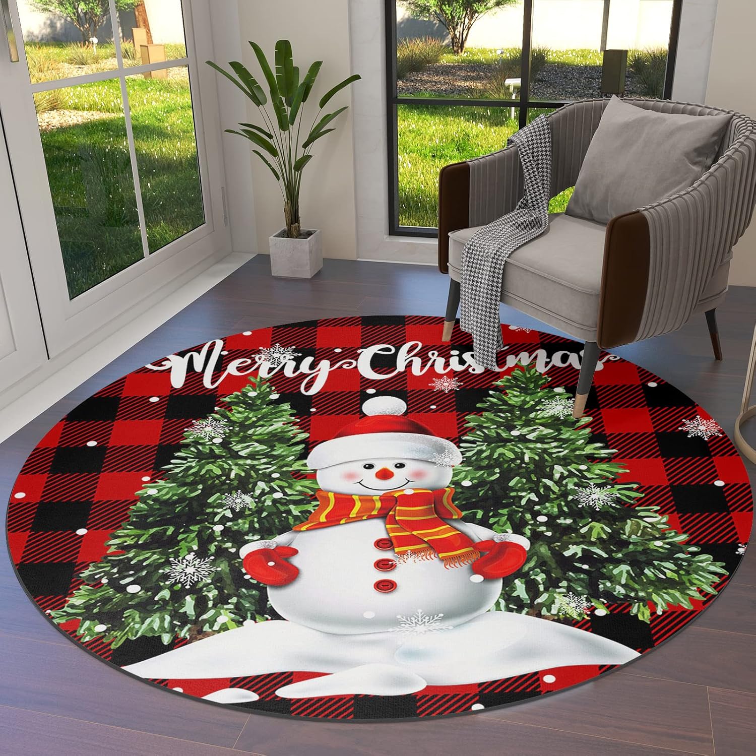 Alfombra redonda de árbol de muñeco de nieve de Navidad, alfombra redonda de 3 pies, colección a cuadros rojos, alfombra circular antideslizante