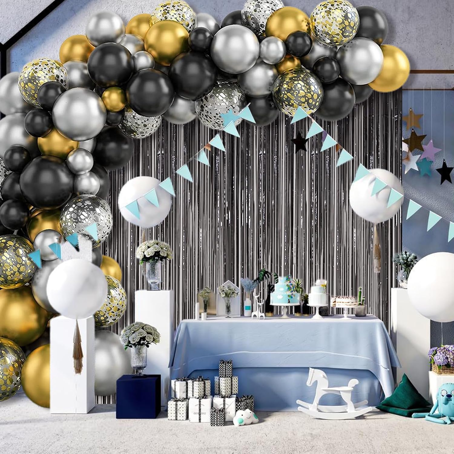 AIBIIN 2 cortinas de papel de aluminio de 3.3 x 6.6 pies, cortinas de flecos de papel de oropel metálico negro para fiesta de cumpleaños, boda, baby