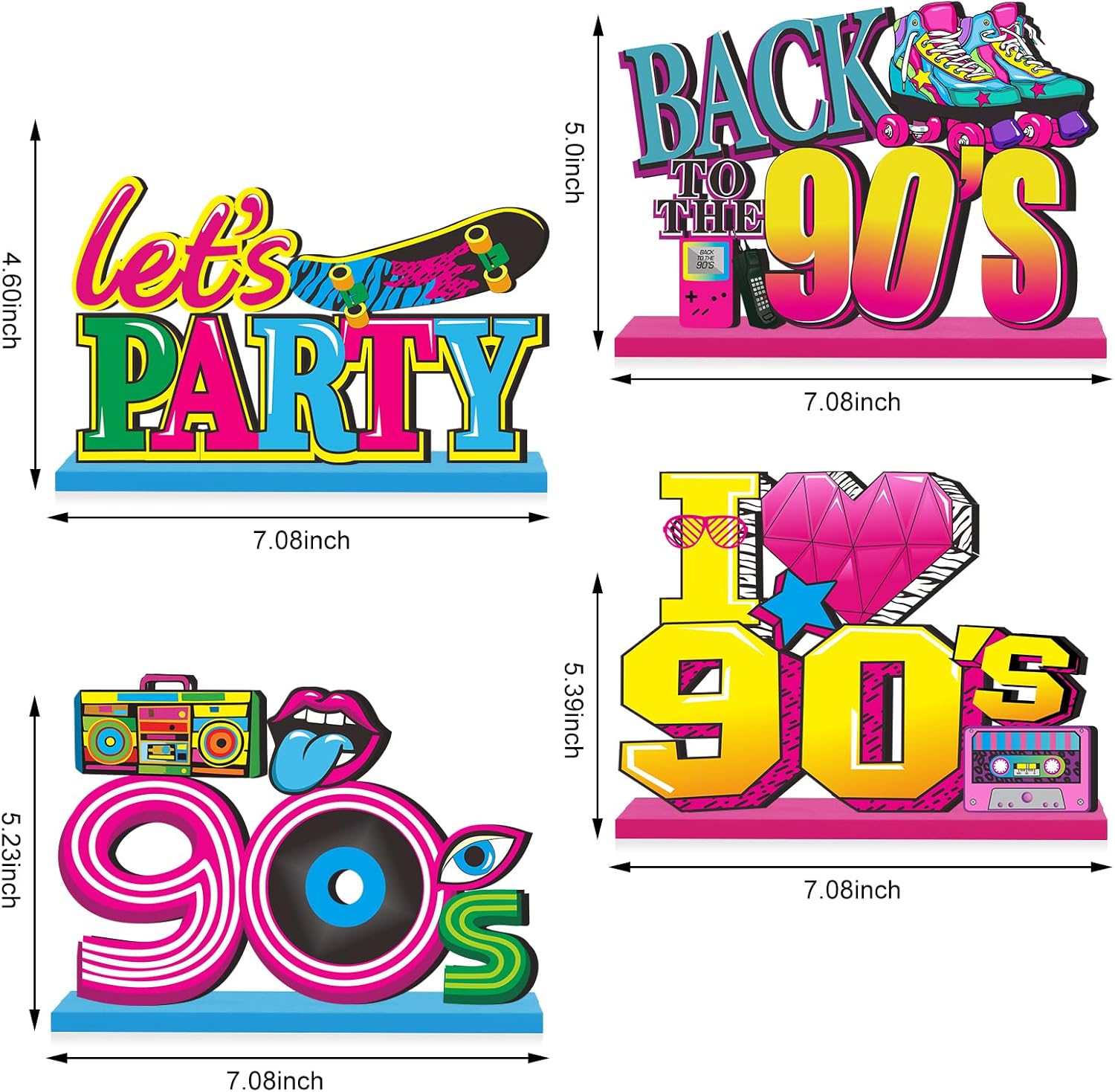 Eiurteao 4 piezas de decoración de fiesta de los 90, letrero de mesa de madera, tema retro de los años 90, centros de mesa de mesa de los 90,