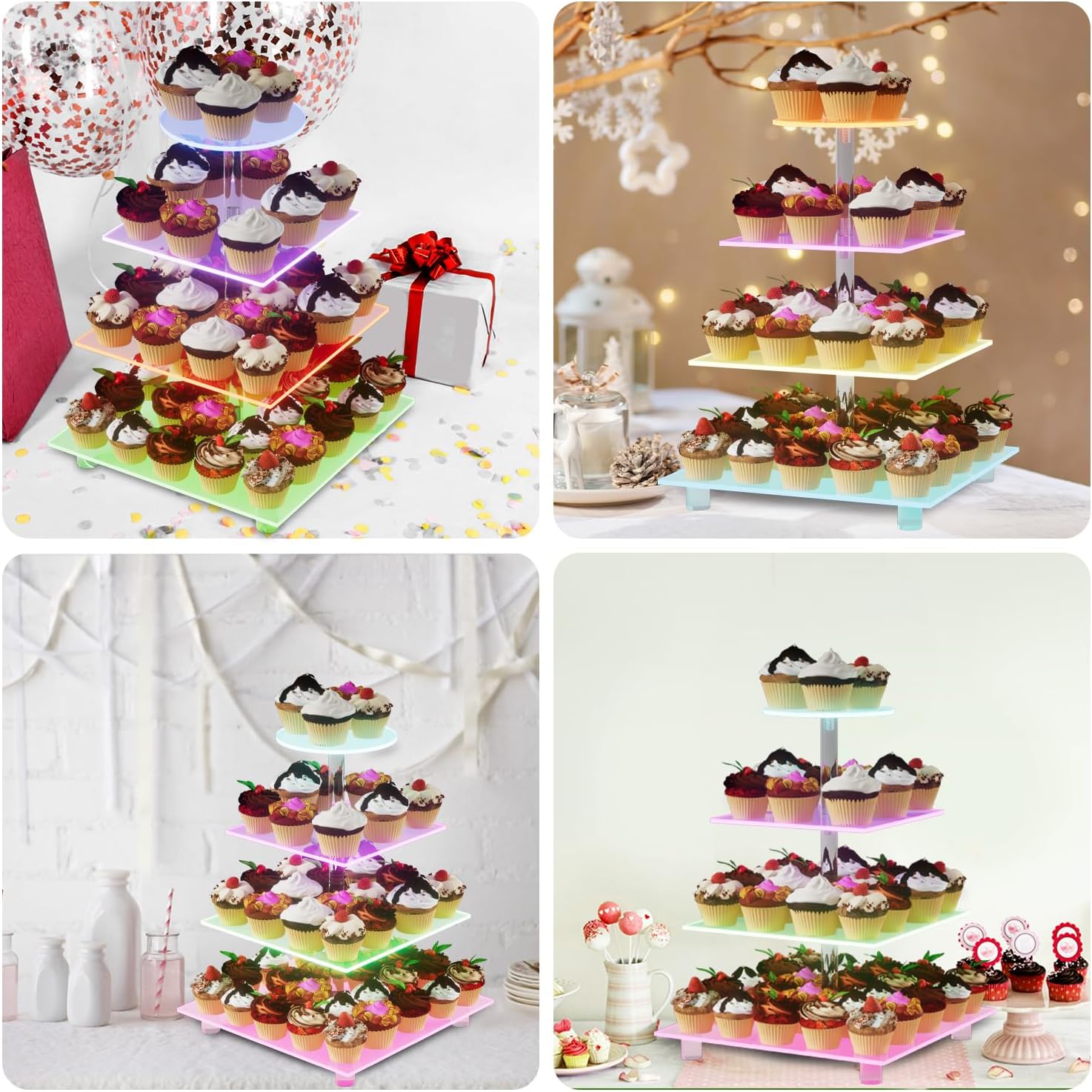 Soporte acrílico para cupcakes, 4 niveles recargable LED para postres, torre de cupcakes para Halloween, Navidad, boda, fiesta, baby shower y