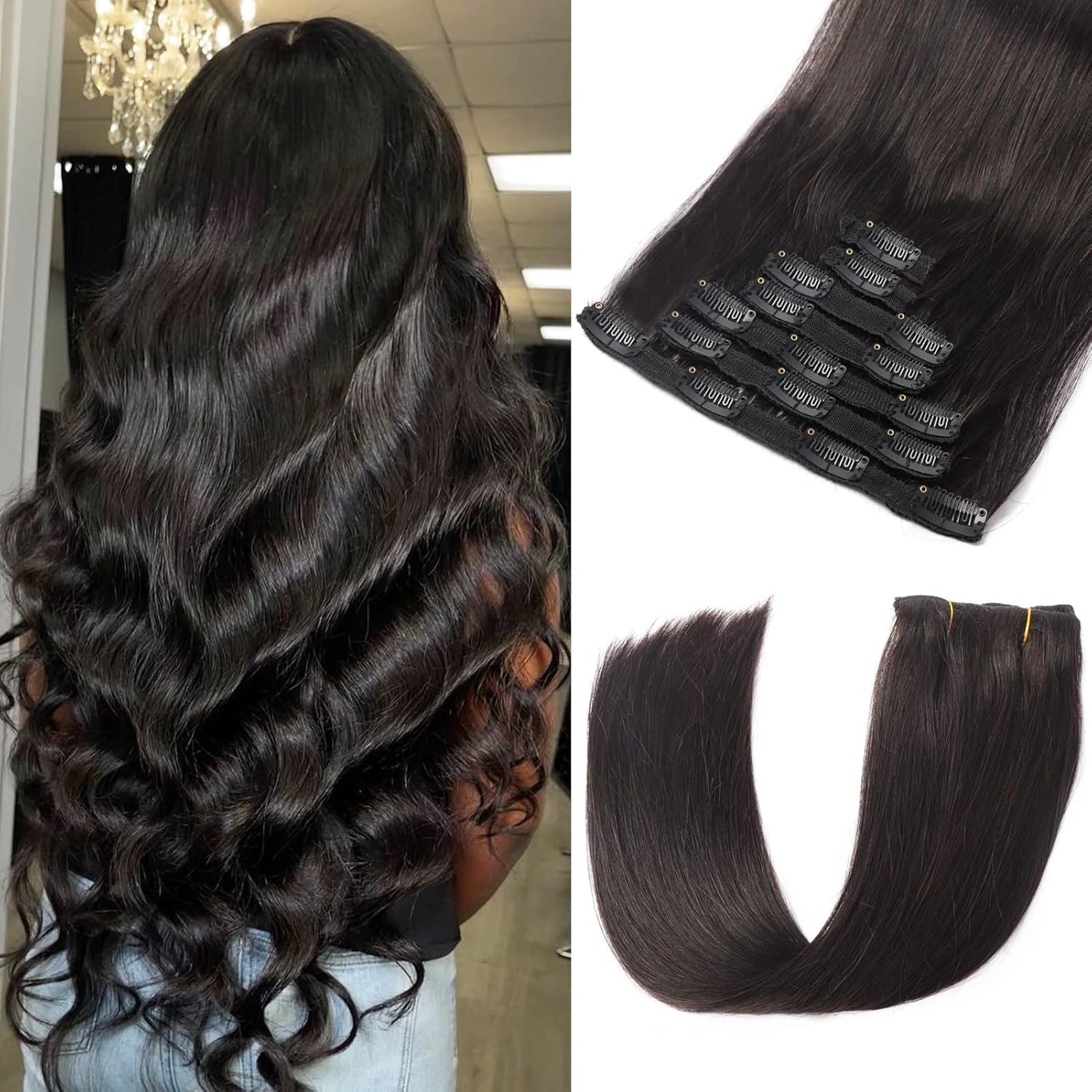 Dalise Extensiones de cabello humano con clip, color negro natural, doble trama, extensiones de cabello suave liso con clip (#1B, 16 pulgadas)
