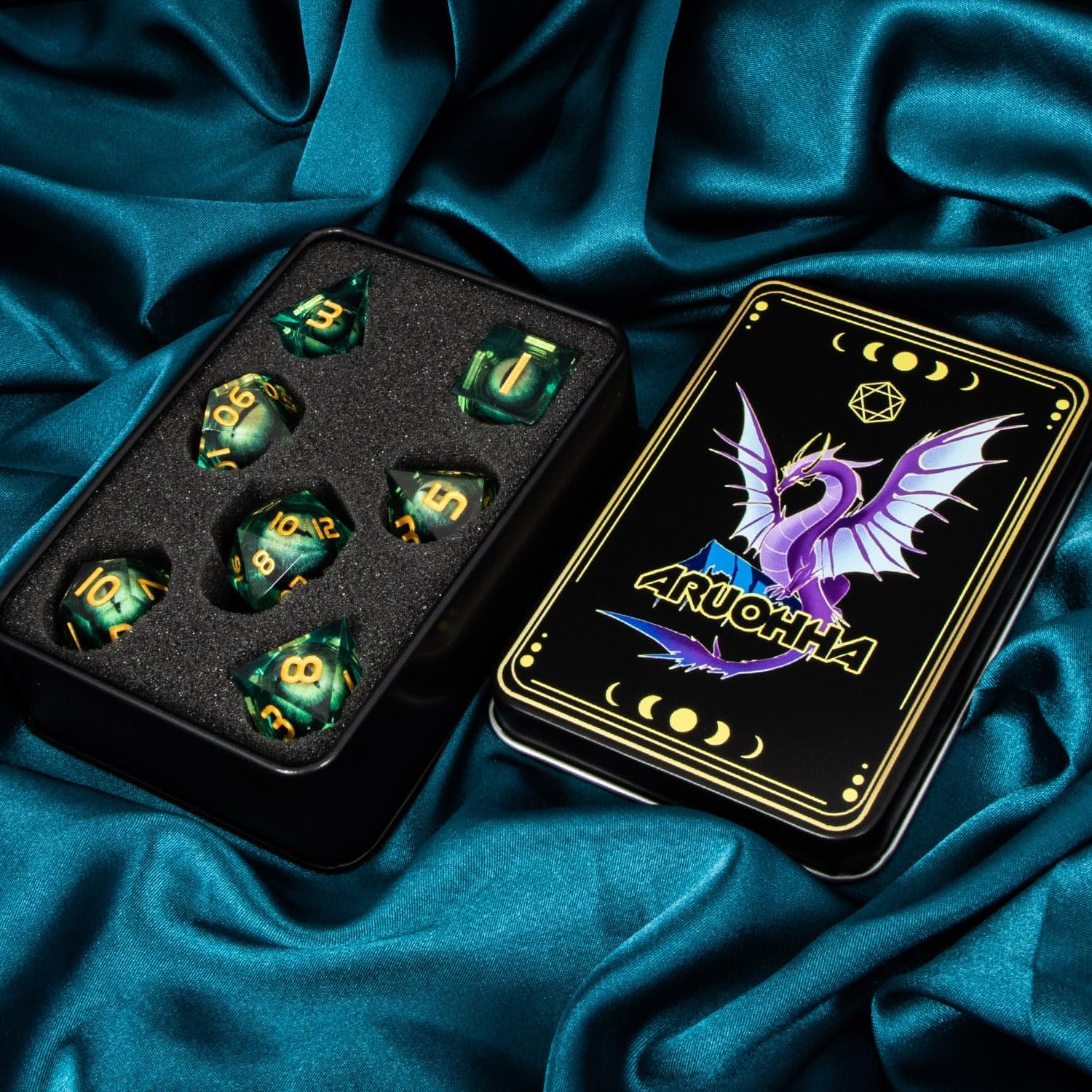 ARUOHHA DND – Juego de dados de resina con núcleo líquido D y D de ojo de dragón con caja de regalo, dados de bordes afilados verdes, mazmorras y