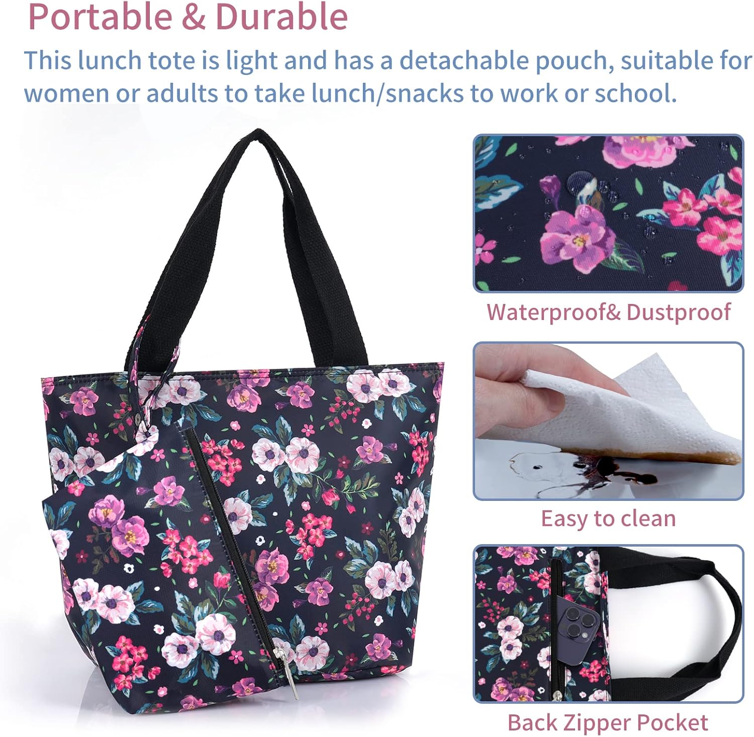 MOV COMPRA Bolsa de almuerzo para mujer, bolsa organizadora de almuerzo, bolsa térmica con cremallera extraíble para trabajo, viajes, picnic (flor