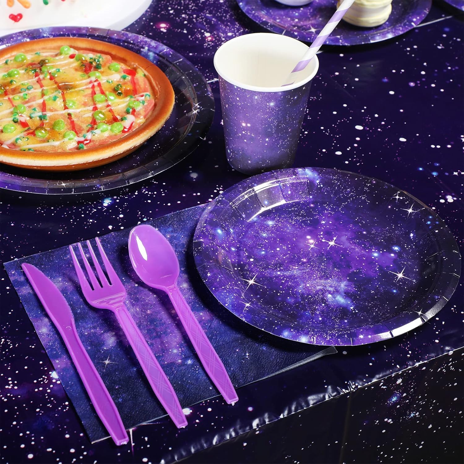 198 piezas de suministros de fiesta de galaxia espacial, temática del espacio exterior, decoración de fiesta de cumpleaños, juego de vajilla de