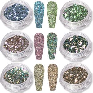 Juego de polvos de uñas Aurora Opal de 6 colores, pigmento iridiscente de arte de uñas de cristal de hielo, lentejuelas de uñas de colores Juego de polvos de uñas Aurora Opal de 6 colores, pigmento iridiscente de arte de uñas de cristal de hielo, lentejuelas de uñas de colores