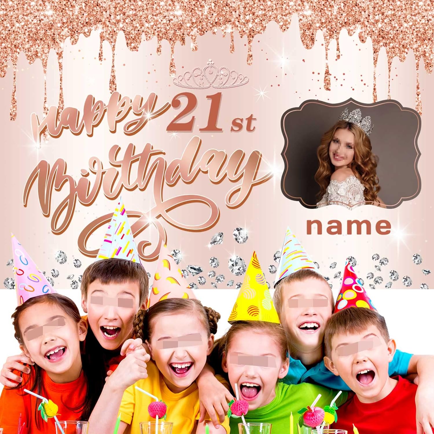 Cartel personalizado de decoración de cumpleaños número 21 con tema de oro rosa – Cartel de tela personalizado para suministros de fiesta de