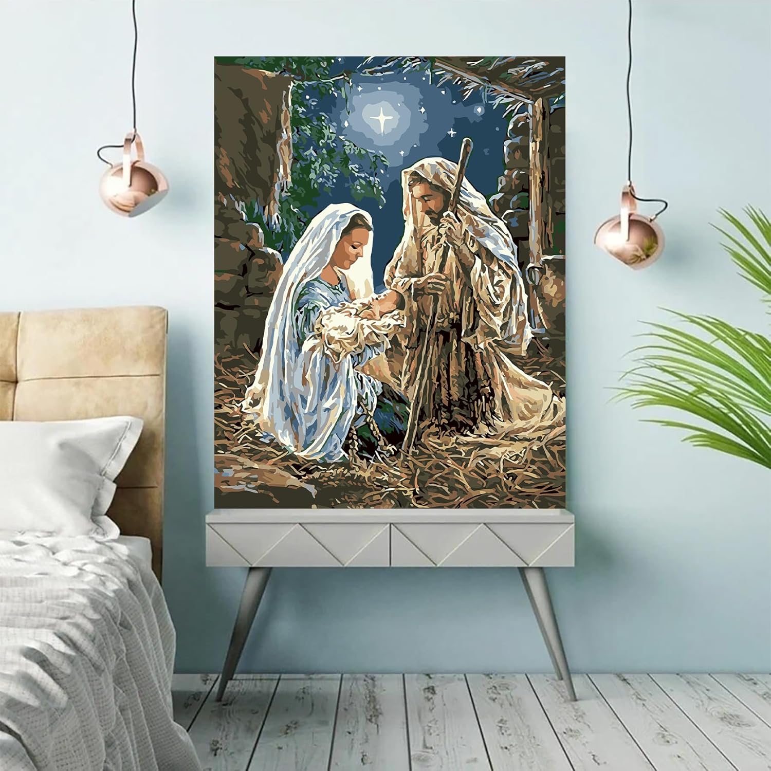 Belén de Navidad por números para adultos principiantes, kit de pintura religiosa para adultos por números, con 3 pinceles y pintura acrílica (sin