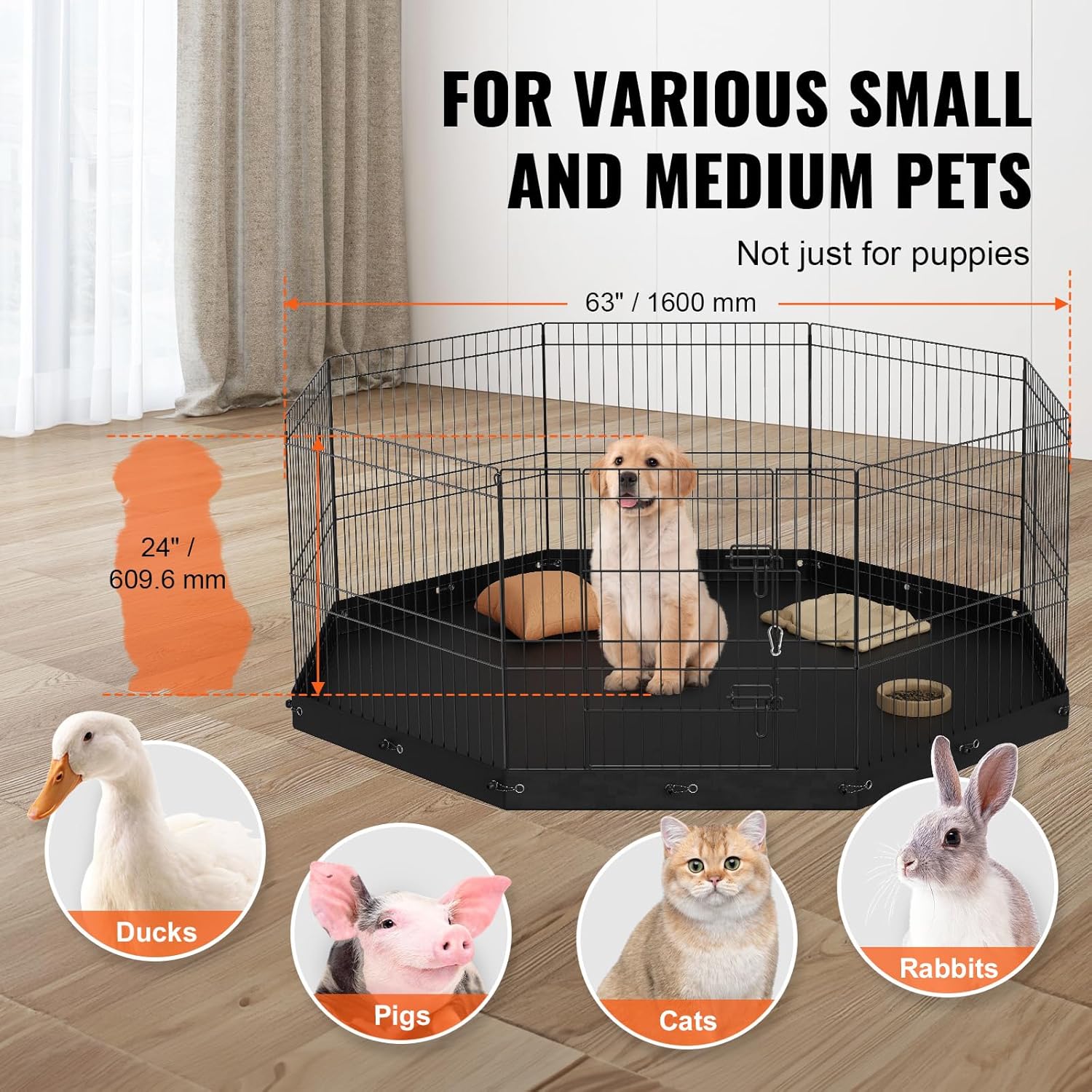 VEVOR Corralito plegable de metal para perros, valla para mascotas para acampar con almohadilla inferior, 24 pulgadas de alto, 8 paneles de jaula