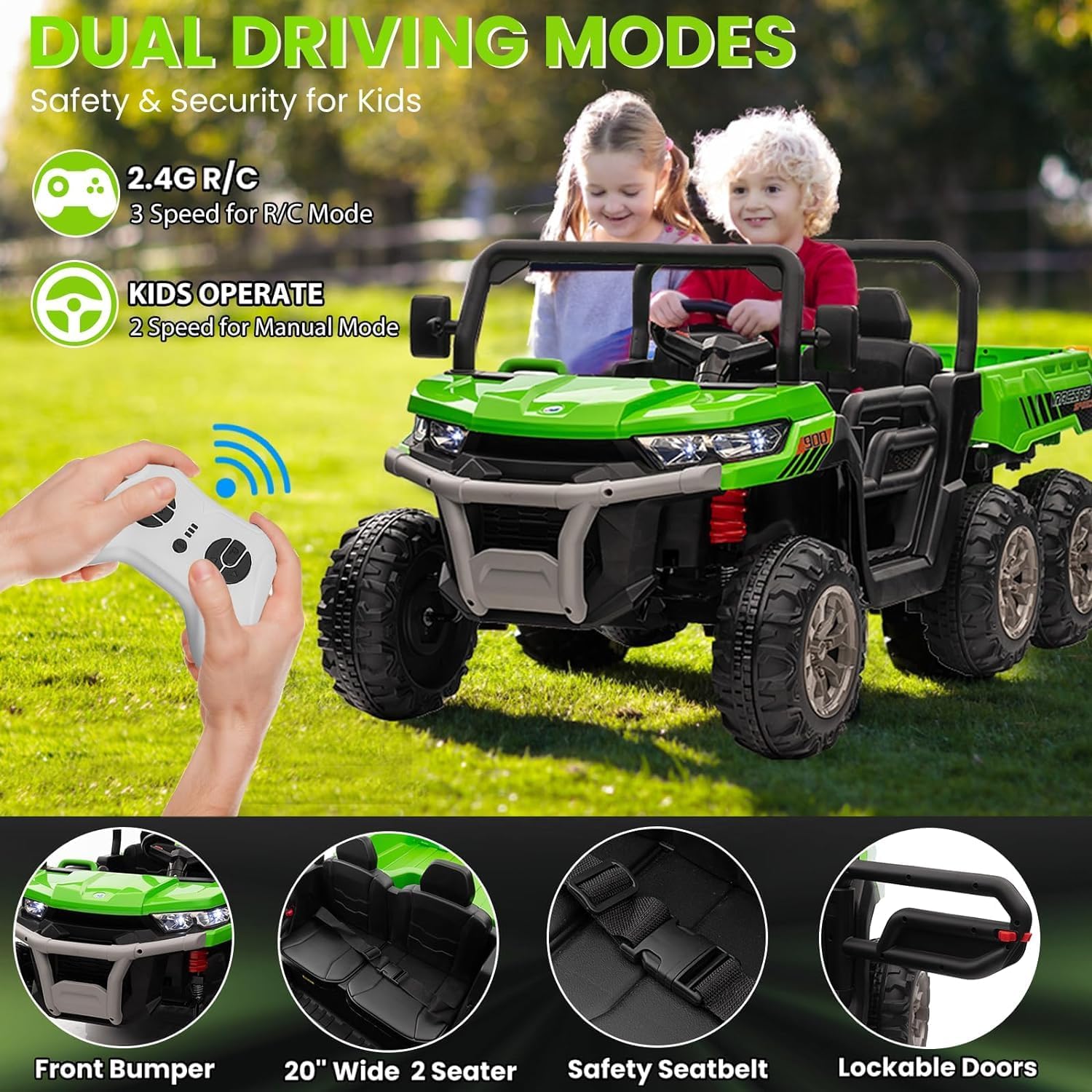 Camión volquete de 24 V 4WD 6×6 para niños con cama volquete eléctrica, auto de juguetes UTV alimentado por batería de 2 plazas con control remoto