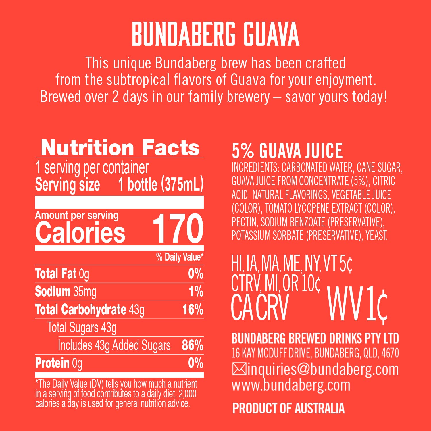 Bundaberg Bebida de frutas espumosas, guayaba, 12.7 onzas líquidas, 4 unidades