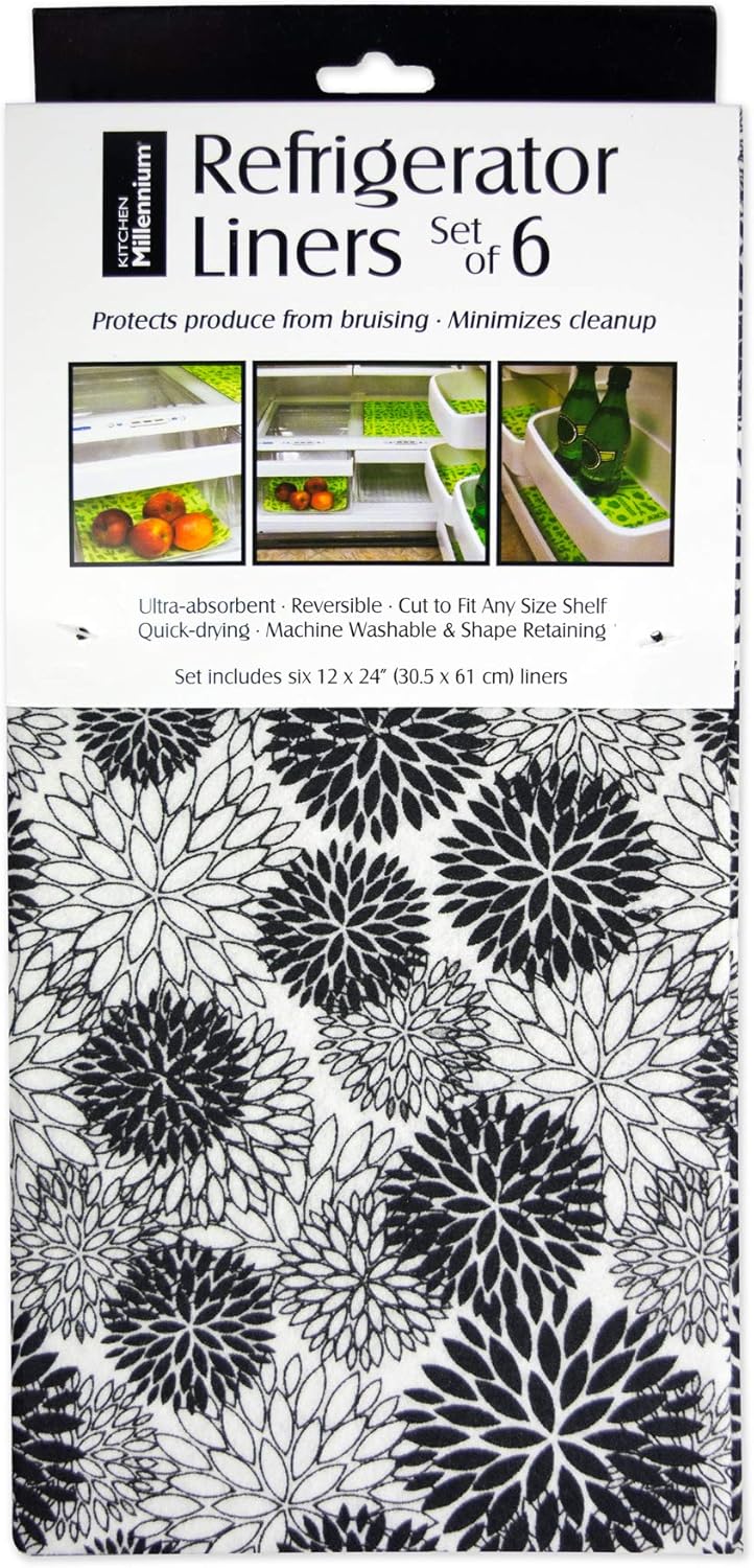 DII Colección de forros para refrigerador, no adhesivos, se pueden cortar para adaptar a su tamaño, 12 x 24pulgadas, diseño de dalias color negro, 6