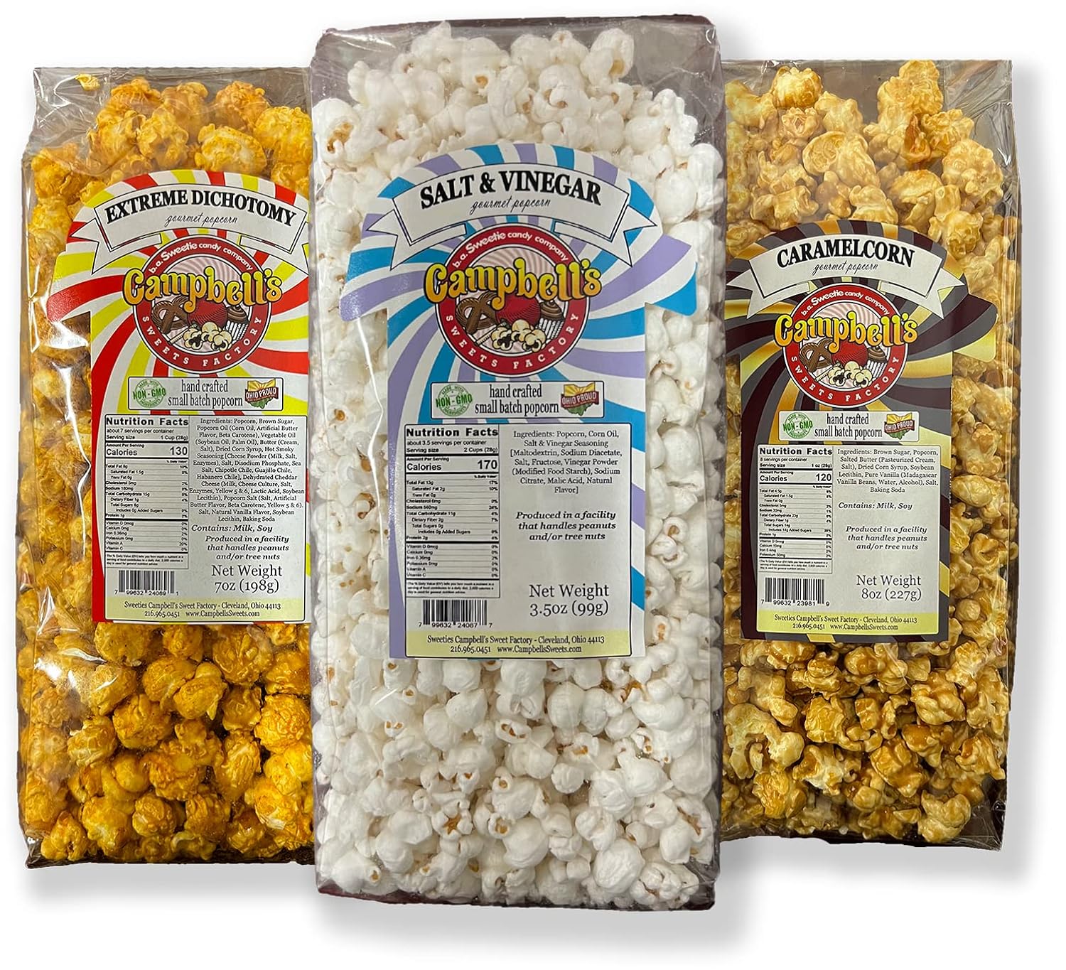 Campbell’s Sweets Factory Caramelcorn, dicotomía extrema y vinagre de sal, sabores gourmet de palomitas de maíz, 3 bolsas, paquete de regalo,