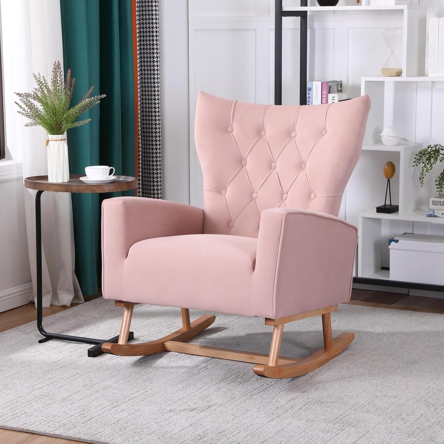 TRIPLE TREE Mecedora de terciopelo, moderna silla mecedora tapizada con respaldo alto, cómoda mecedora con asiento acolchado y base de madera, silla