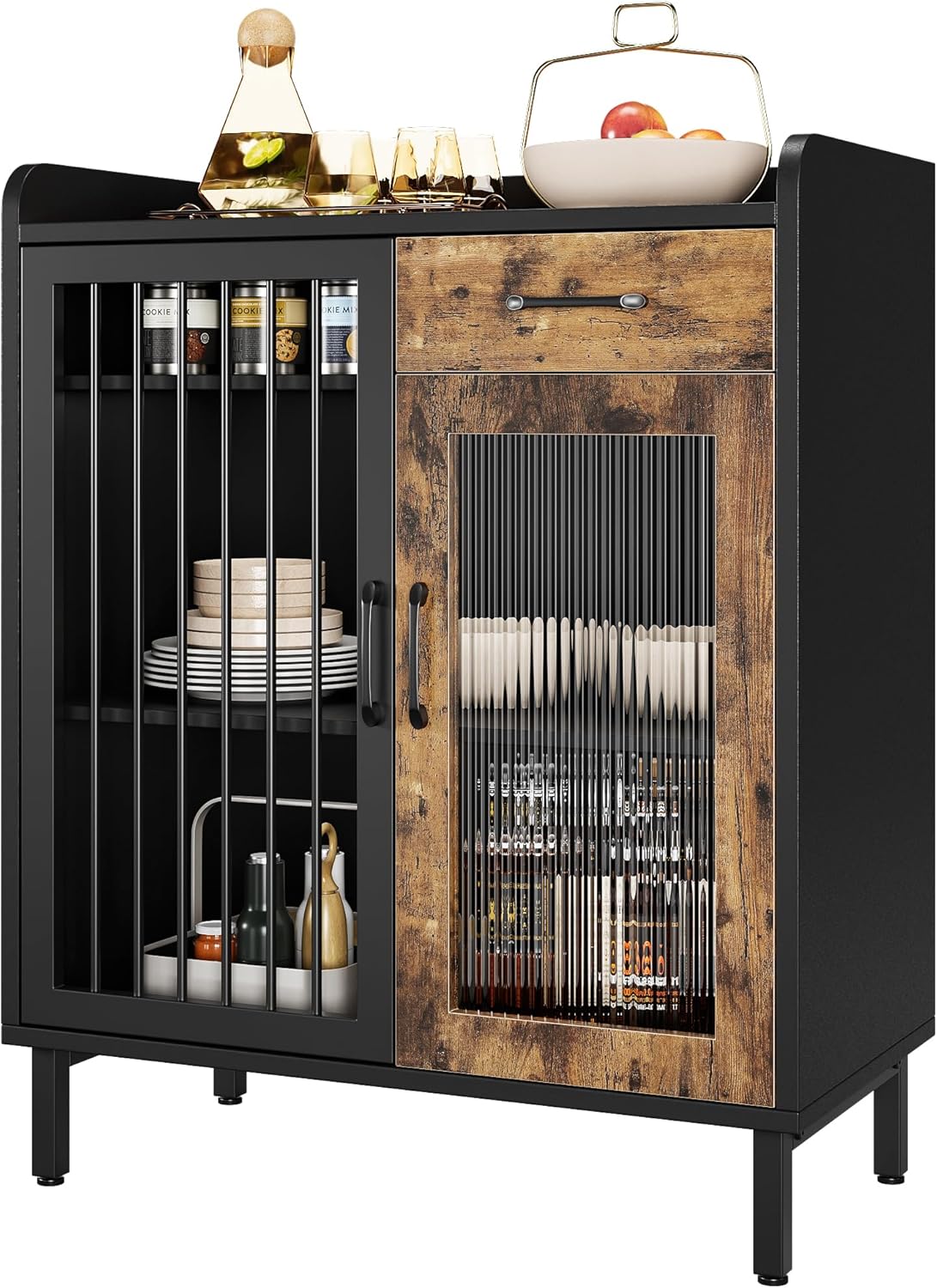 Aparador de buffet moderno, armario de almacenamiento de cocina con estantes y puertas de vidrio, gabinete de buffet de metal con cajones, barra de
