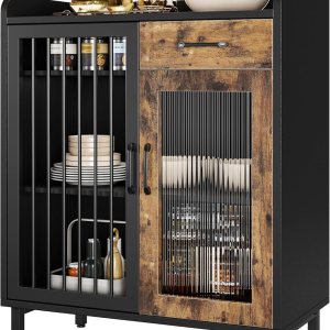 Aparador de buffet moderno, armario de almacenamiento de cocina con estantes y puertas de vidrio, gabinete de buffet de metal con cajones, barra de Aparador de buffet moderno, armario de almacenamiento de cocina con estantes y puertas de vidrio, gabinete de buffet de metal con cajones, barra de