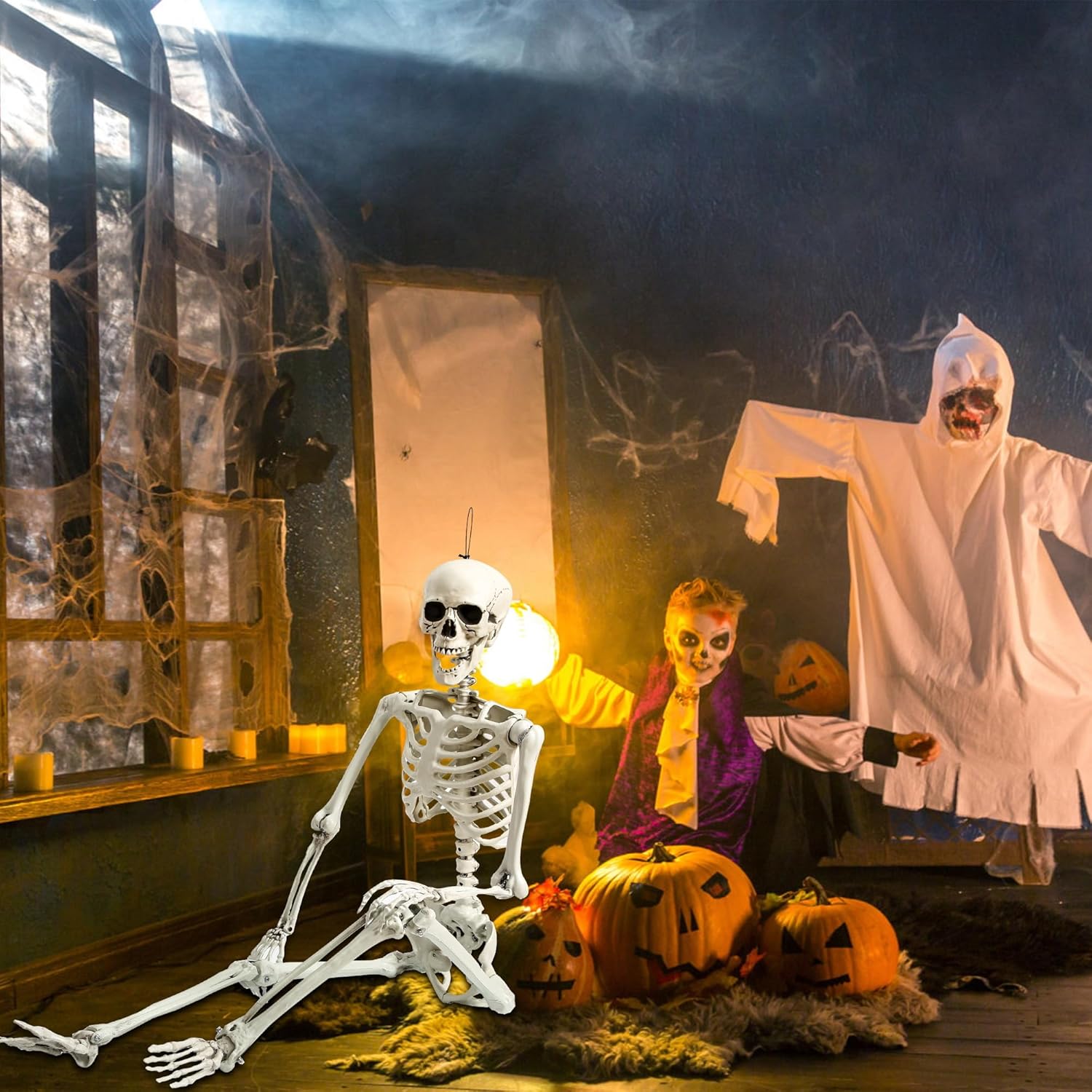 Decoración de esqueleto de Halloween de 5.4 pies, huesos humanos para fiesta de Halloween con articulaciones móviles, para casas encantadas, césped
