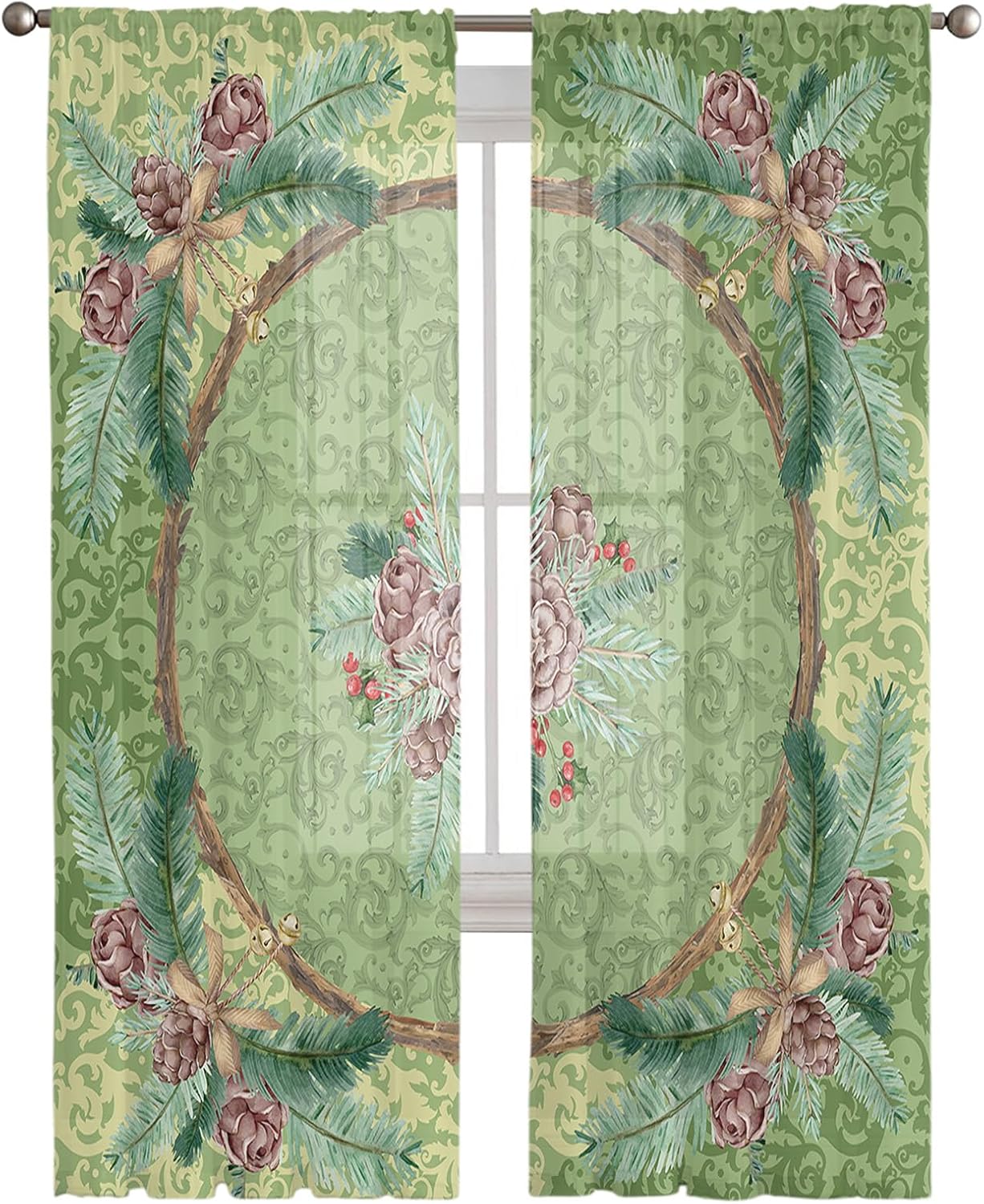 2 cortinas de gasa semitransparentes de Navidad verdes de 96 pulgadas de largo, paneles de cortina de gasa con bolsillo para barra, cortinas