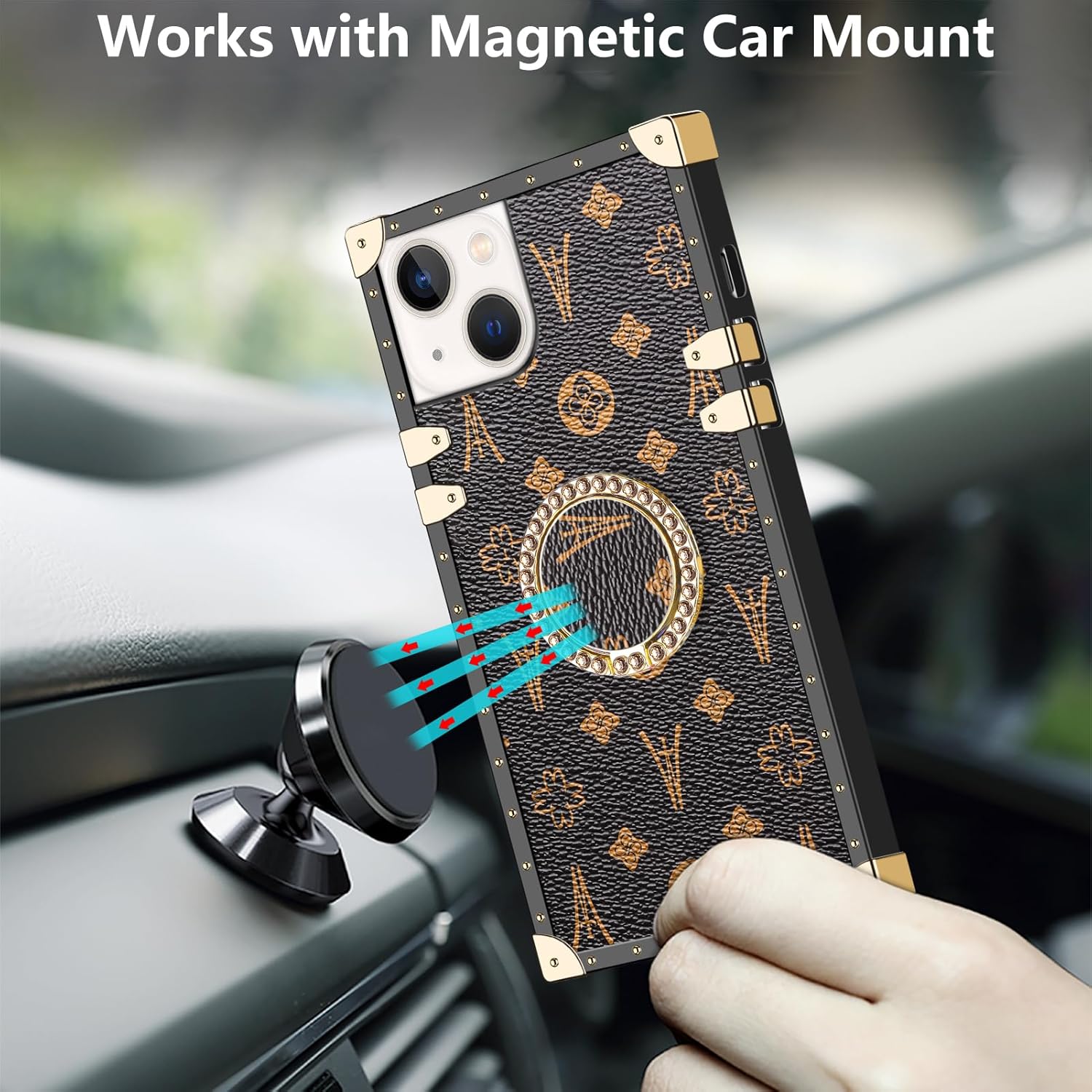 WOLLONY Funda cuadrada compatible con iPhone 15, elegante y lujosa funda para teléfono con soporte de anillo para mujeres y niñas, TPU suave,
