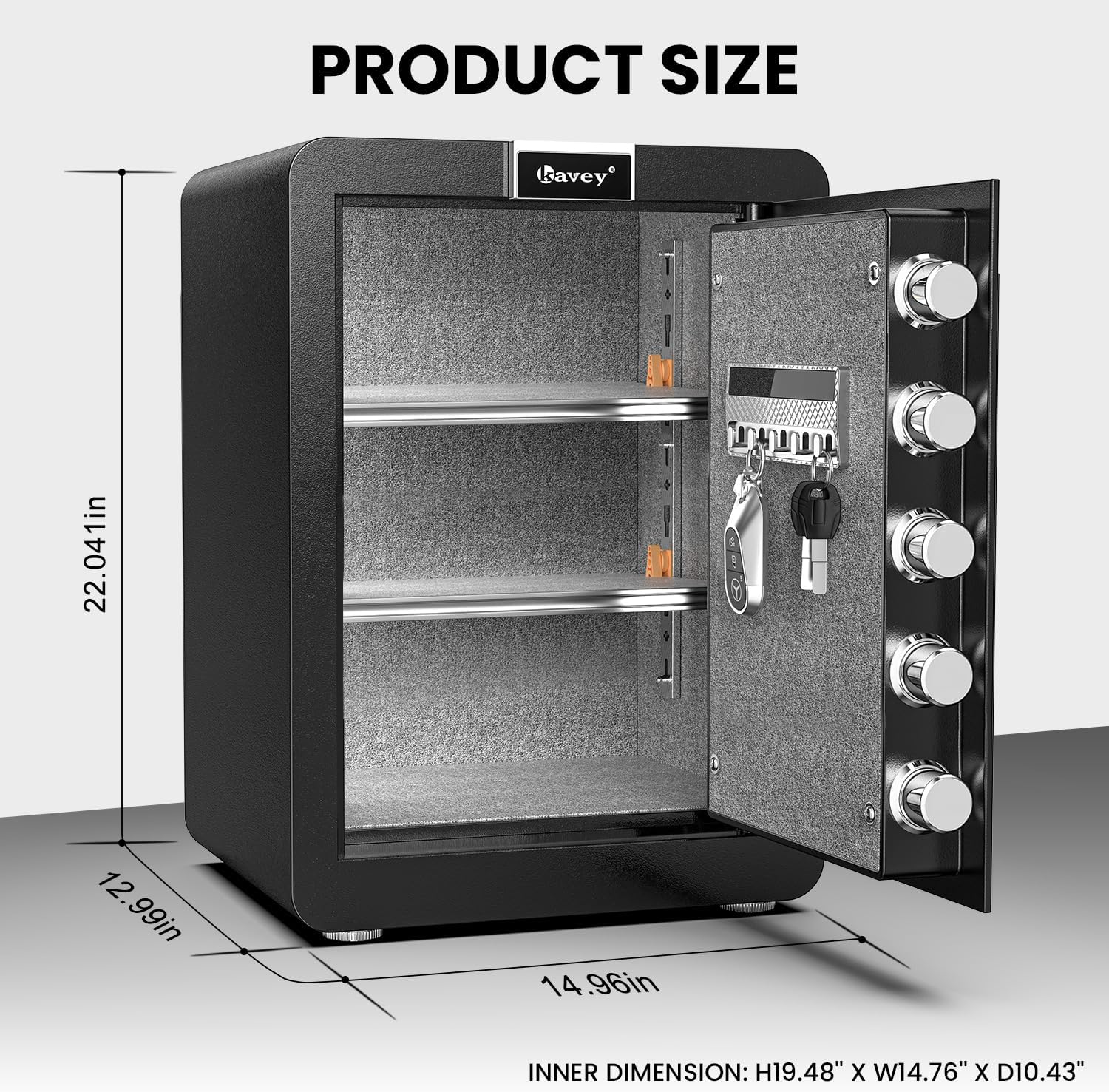 Kavey Caja fuerte ignífuga de 2.6 Cub, caja fuerte para dinero con compartimento oculto y pantalla táctil LCD, caja fuerte grande con sistema de
