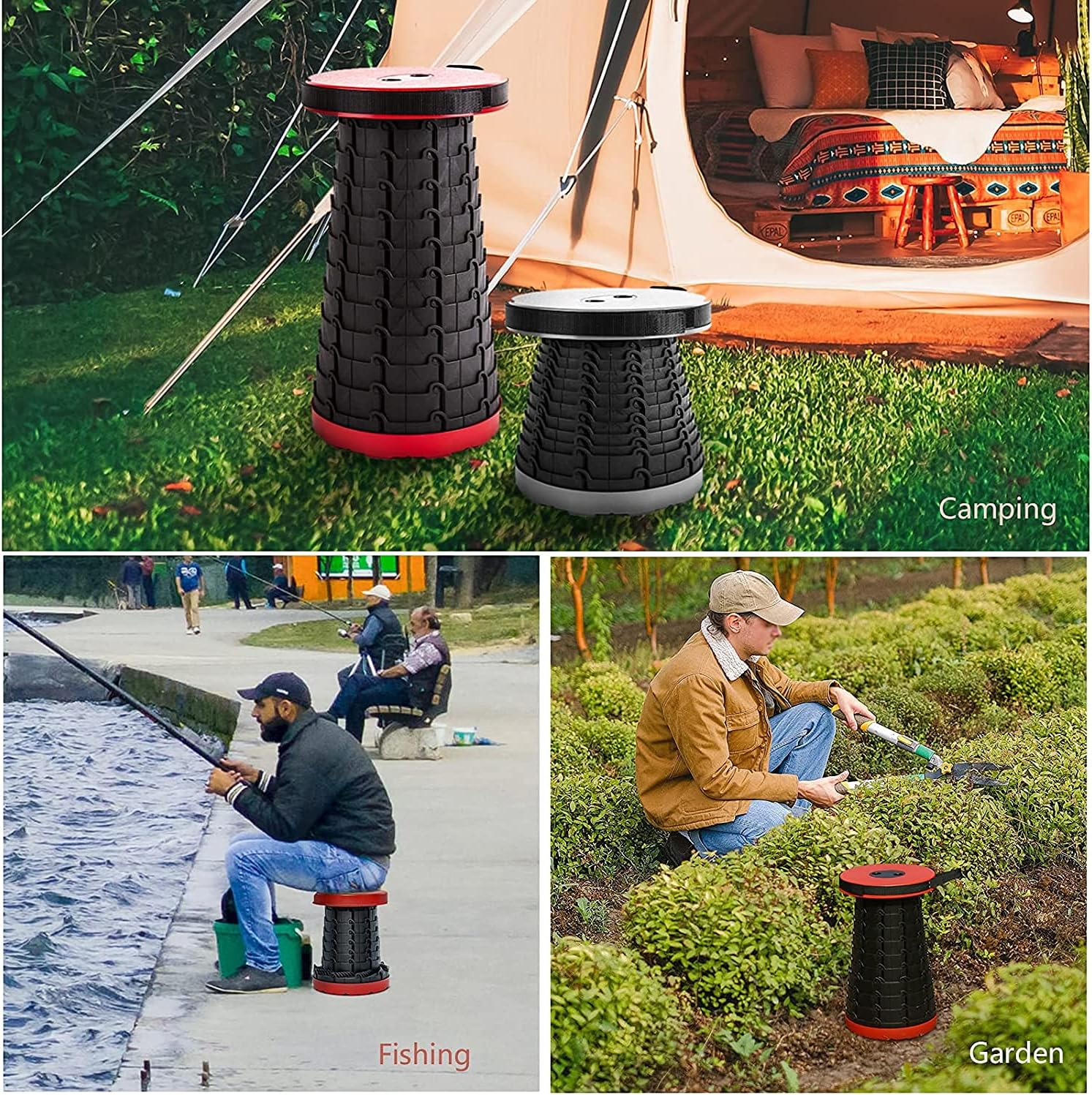 Taburete plegable ajustable para campamento, taburete plegable telescópico portátil con almohadilla para mochila, silla plegable y retráctil