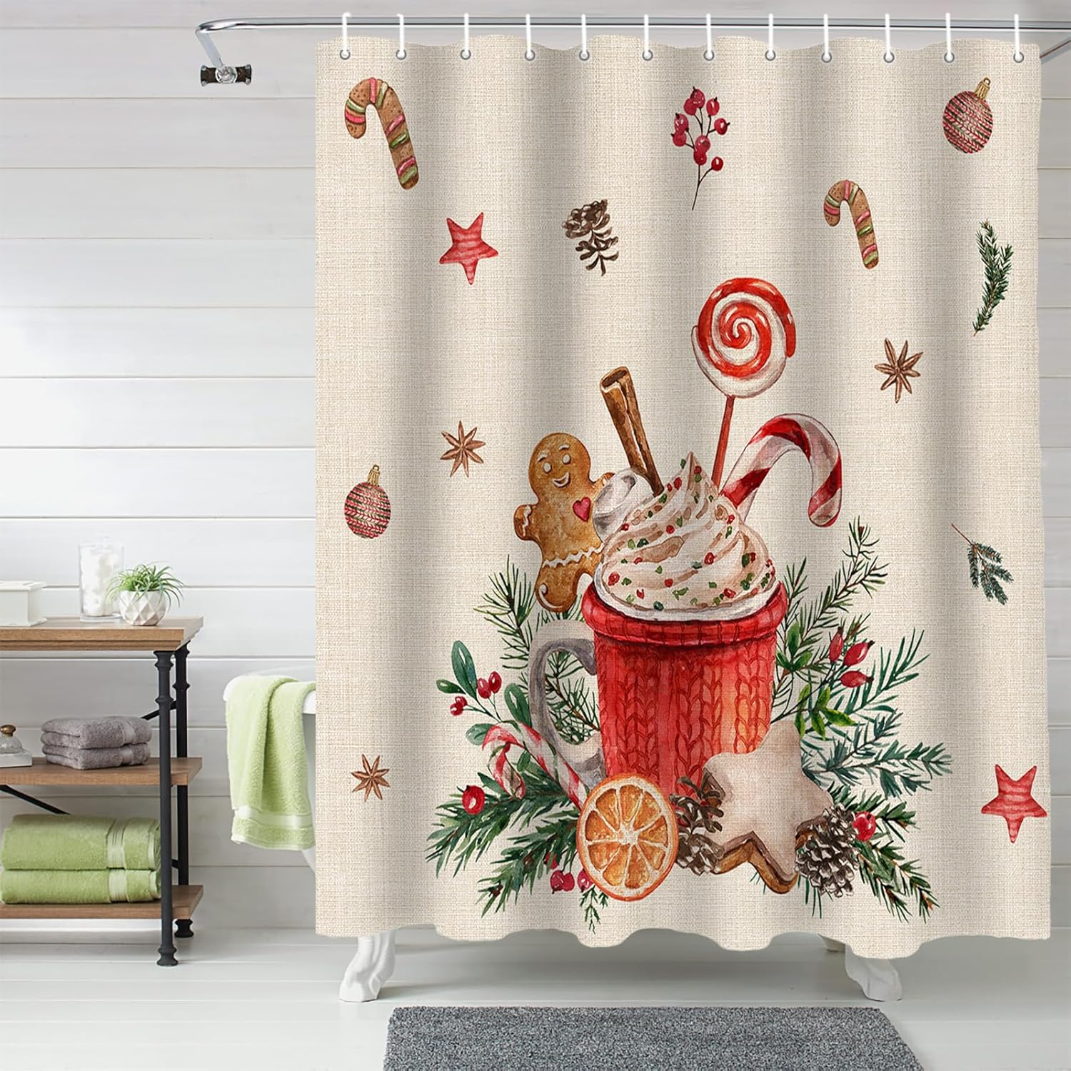 Juego de cortinas de ducha impermeables con 12 ganchos, pastel de jengibre, hombre de jengibre, bayas, vintage, 72 x 72 pulgadas, decoración de