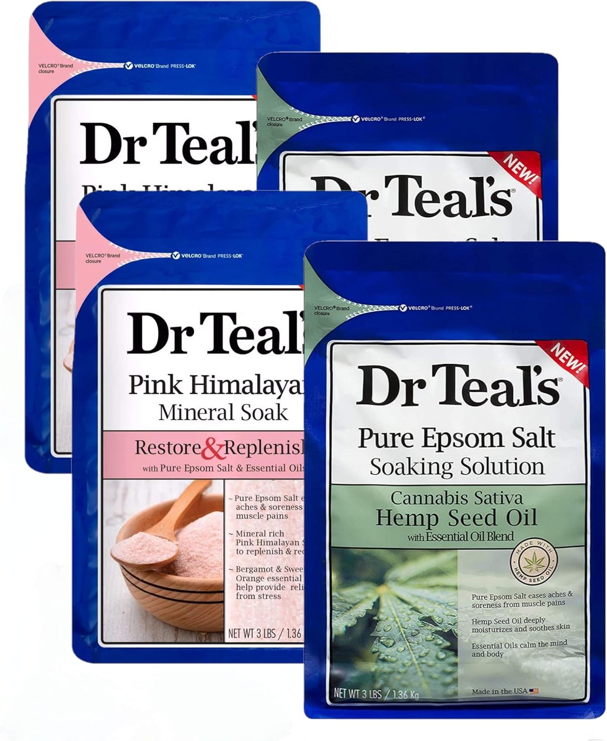 Dr Teal’s Epsom – Set de regalo variado de baño de sal (paquete de 4, 3 libras cada una) – Aceite de semilla de cáñamo de cannabis sativa y sal rosa