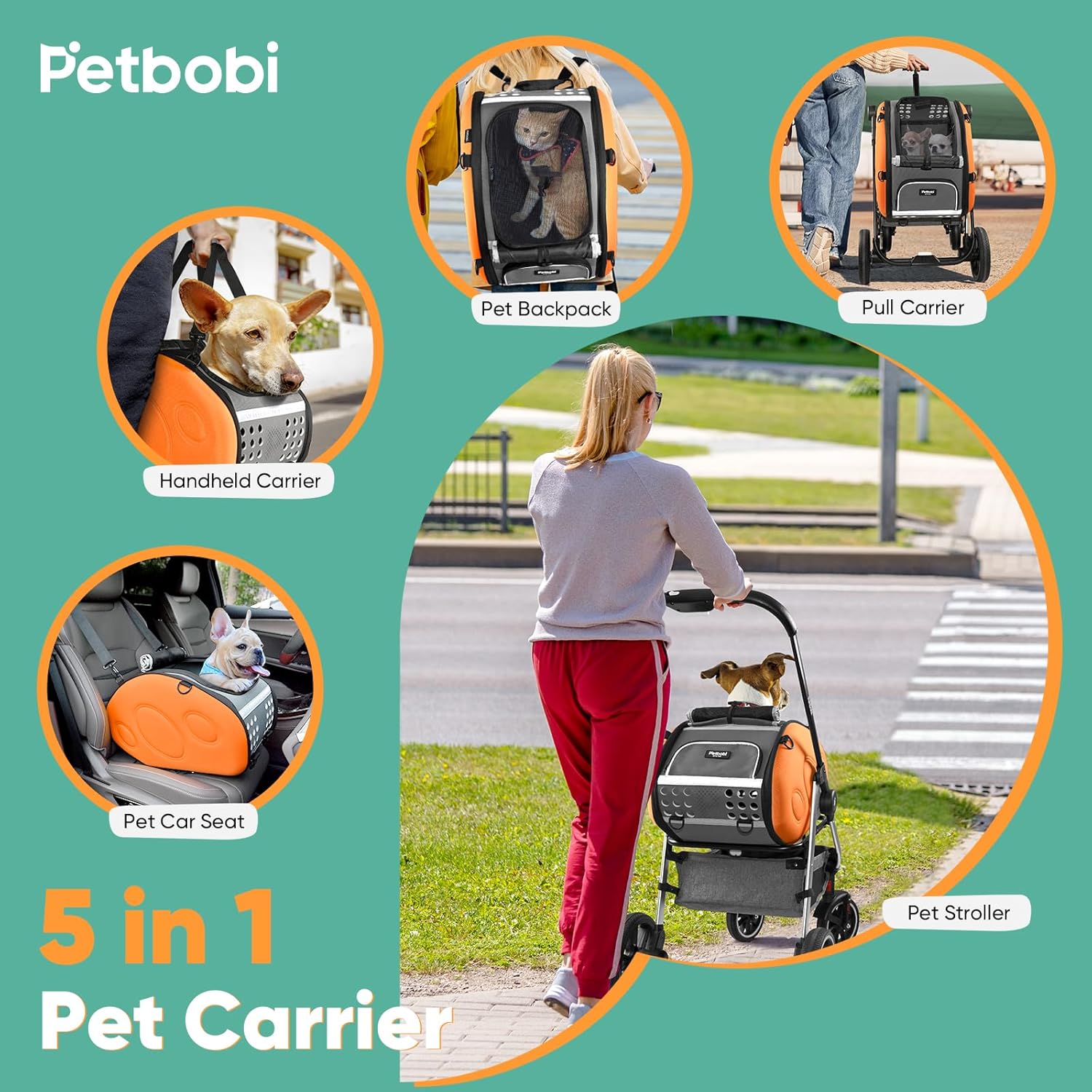 Petbobi Cochecito para perros 5 en 1 con transportador desmontable  Cochecito para mascotas, transportador, mochila, bolso y asiento de coche  Para