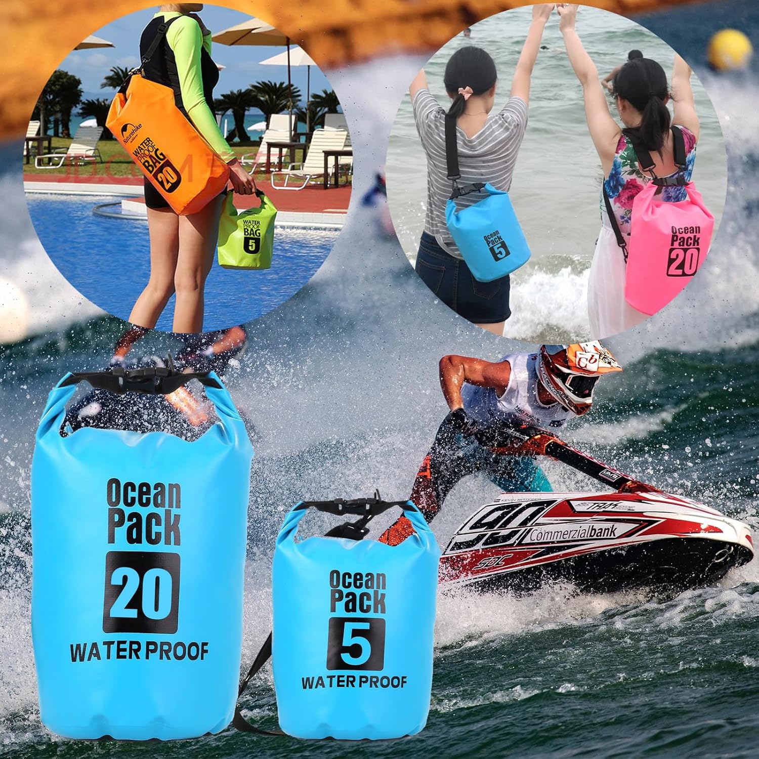 Bolsas secas para kayak impermeables, juego de 2 (20 L + 5 L), equipo de campamento, bolsa enrollable que mantiene el equipo seco para kayak,