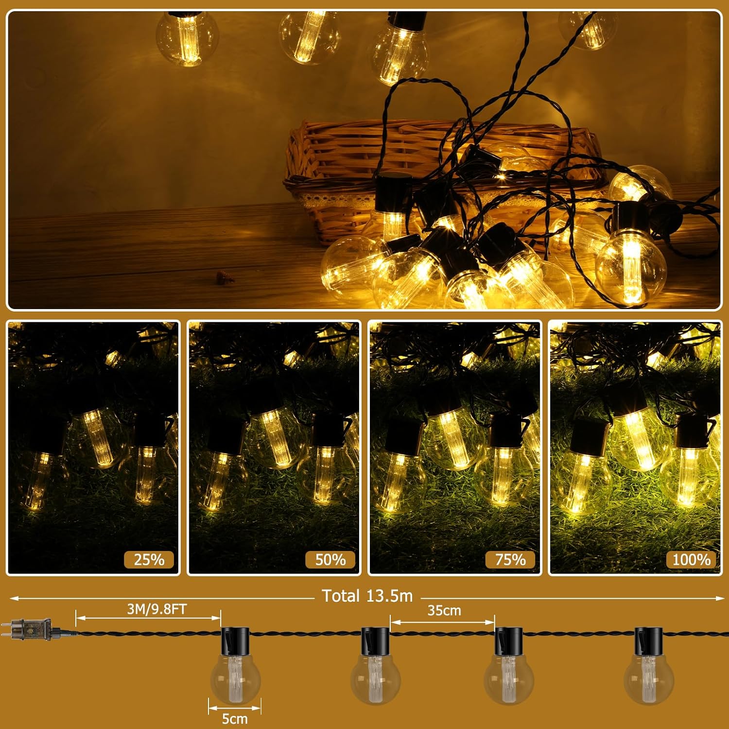 Tira de luces para exteriores, bajo voltaje enchufable de 3.5 V, tira de luces G50 Globe para patio de 43 pies, con 30 bombillas Edison