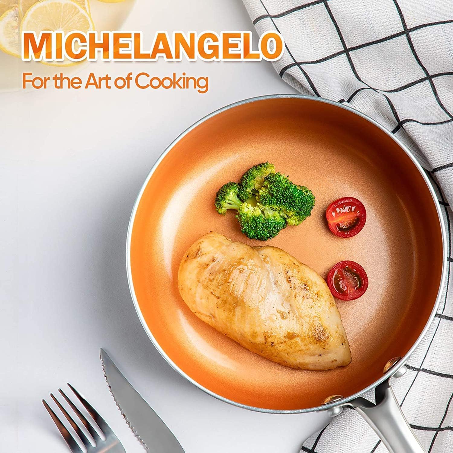 MICHELANGELO Sartén con tapa, sartén antiadherente de 8 pulgadas con revestimiento de titanio de cerámica, sartén de cobre con tapa, cuchillo de