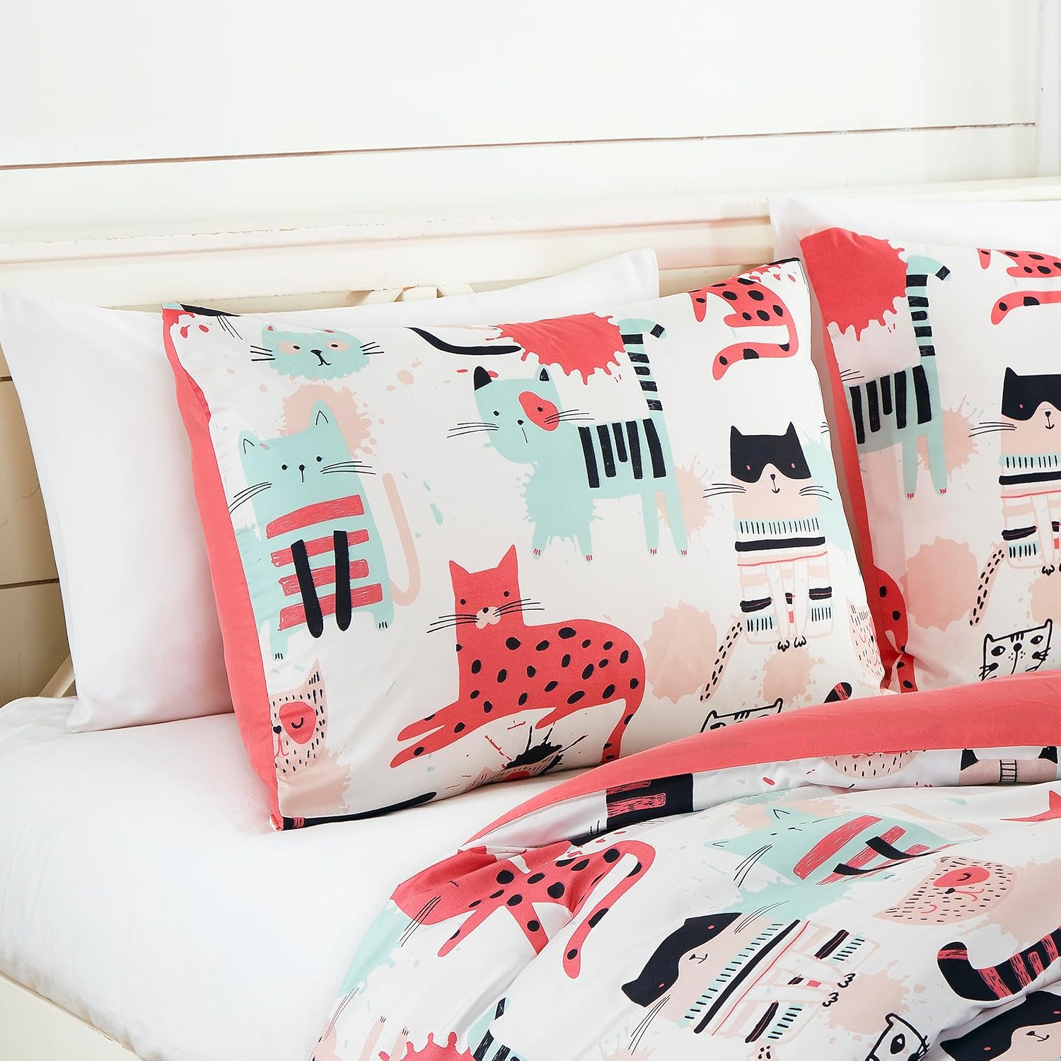 Chezmoi Collection Juego de ropa de cama de 3 piezas con diseño de gatos de dibujos animados, tamaño individual, juego de edredón de microfibra