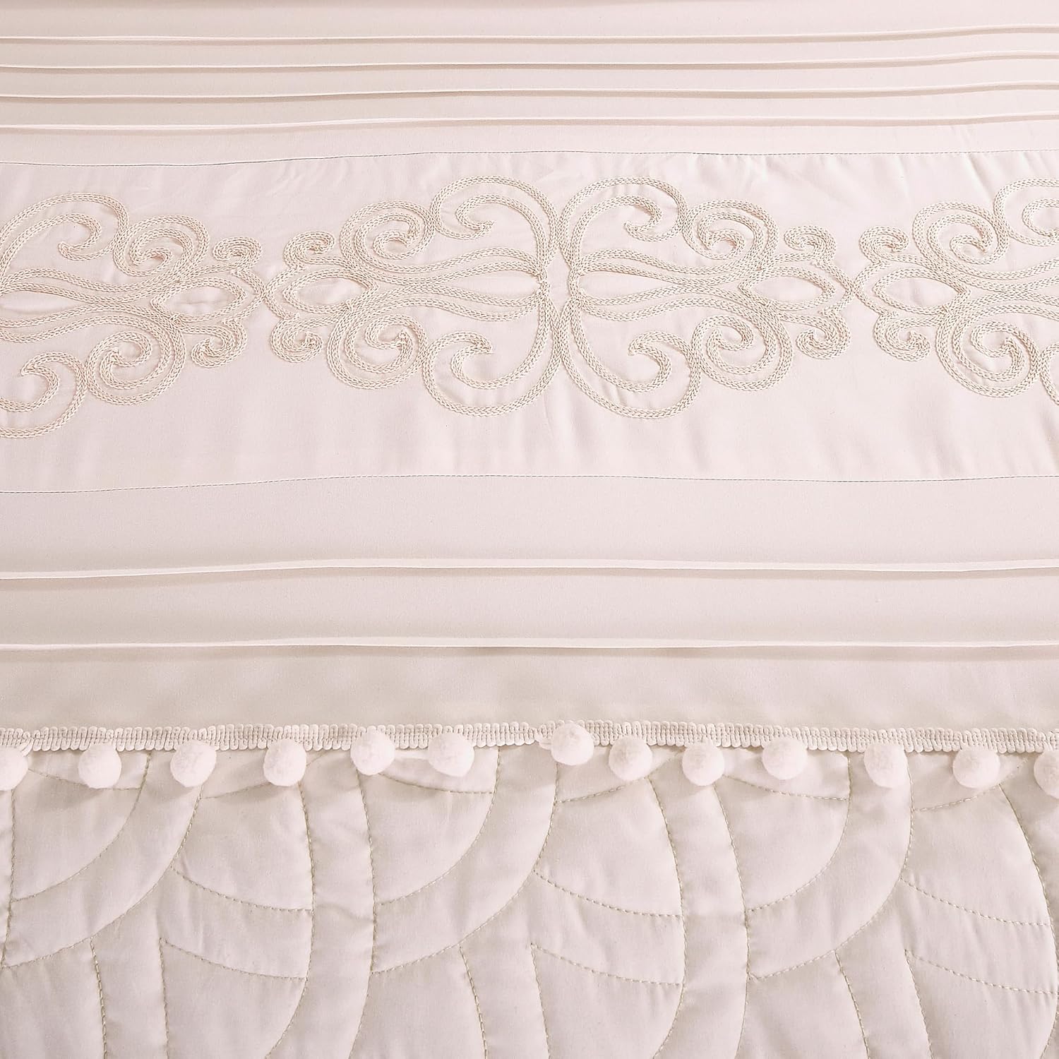 Chezmoi Collection Grace – Juego de edredón de 7 piezas de felpilla bordada con pompones, diseño floral, color rosa rubor, tamaño matrimonial