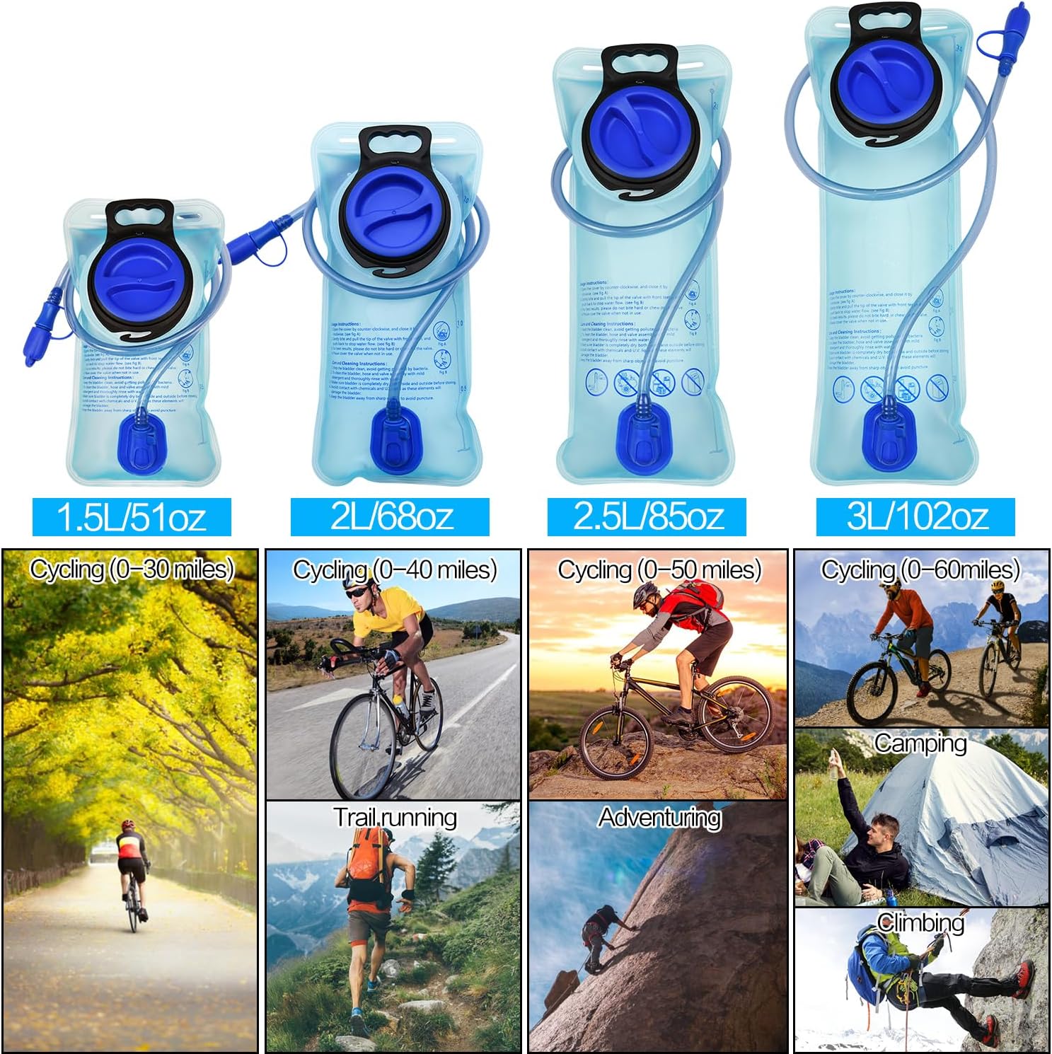 Paquete de 1248 vejiga de hidratación, depósito de agua de 1.5L2L2.5L3L, paquete de hidratación de vejiga de agua a prueba de fugas, bolsa de