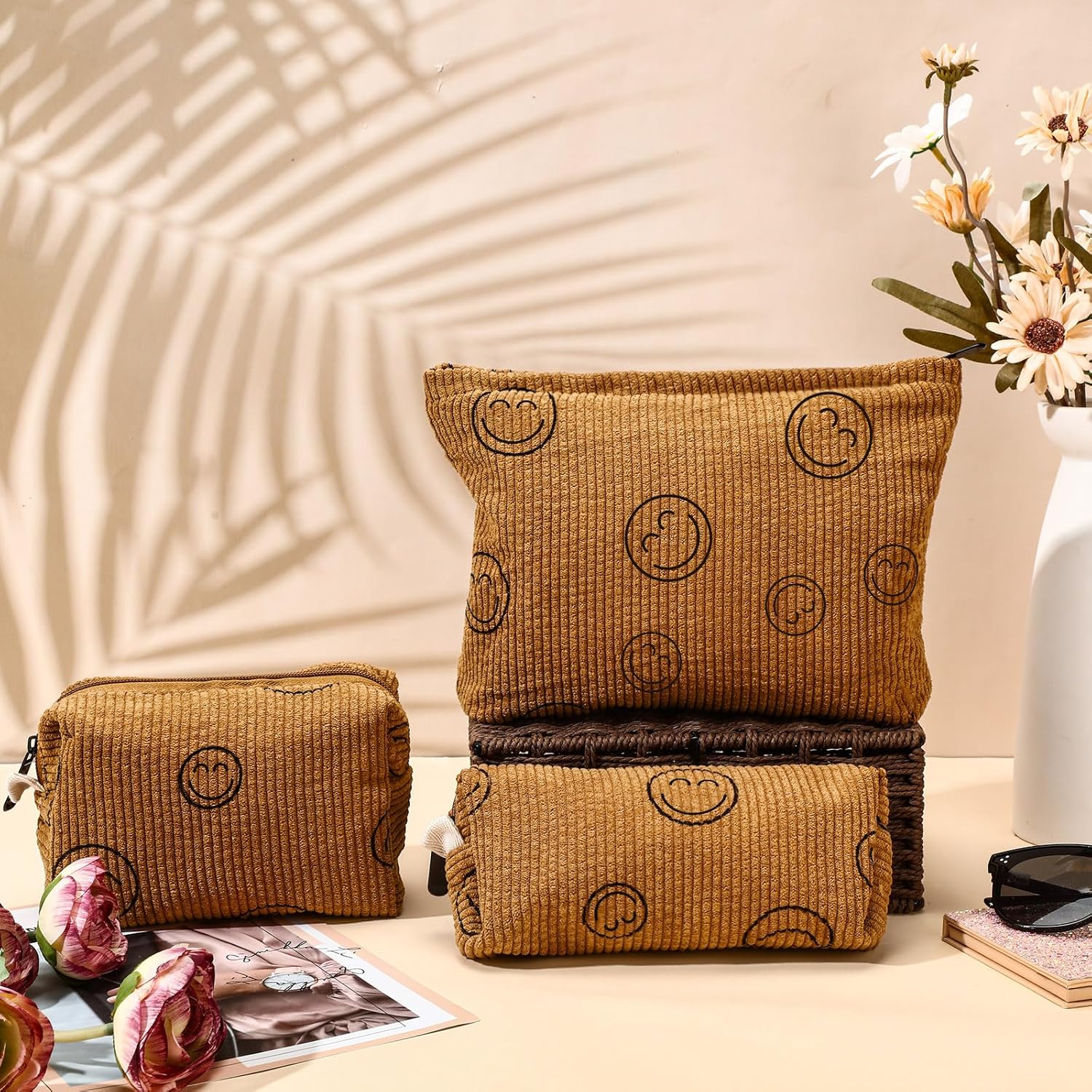Oudain 3 bolsas de maquillaje de cara sonriente, bolsa de cosméticos de pana, 3 tamaños, bolsas de maquillaje estéticas para mujeres, adolescentes y