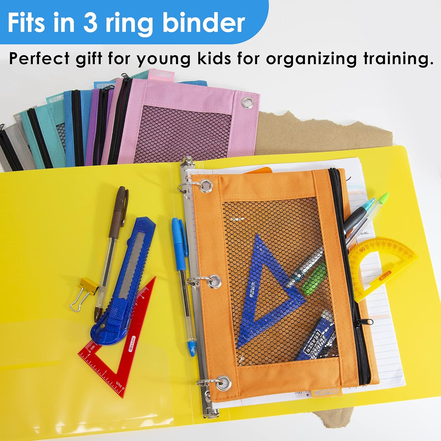 BAZIC – Estuche para lápices de 3 anillos con agujeros de anillos reforzados con remaches, bolsas de malla de color pastel con cremallera para
