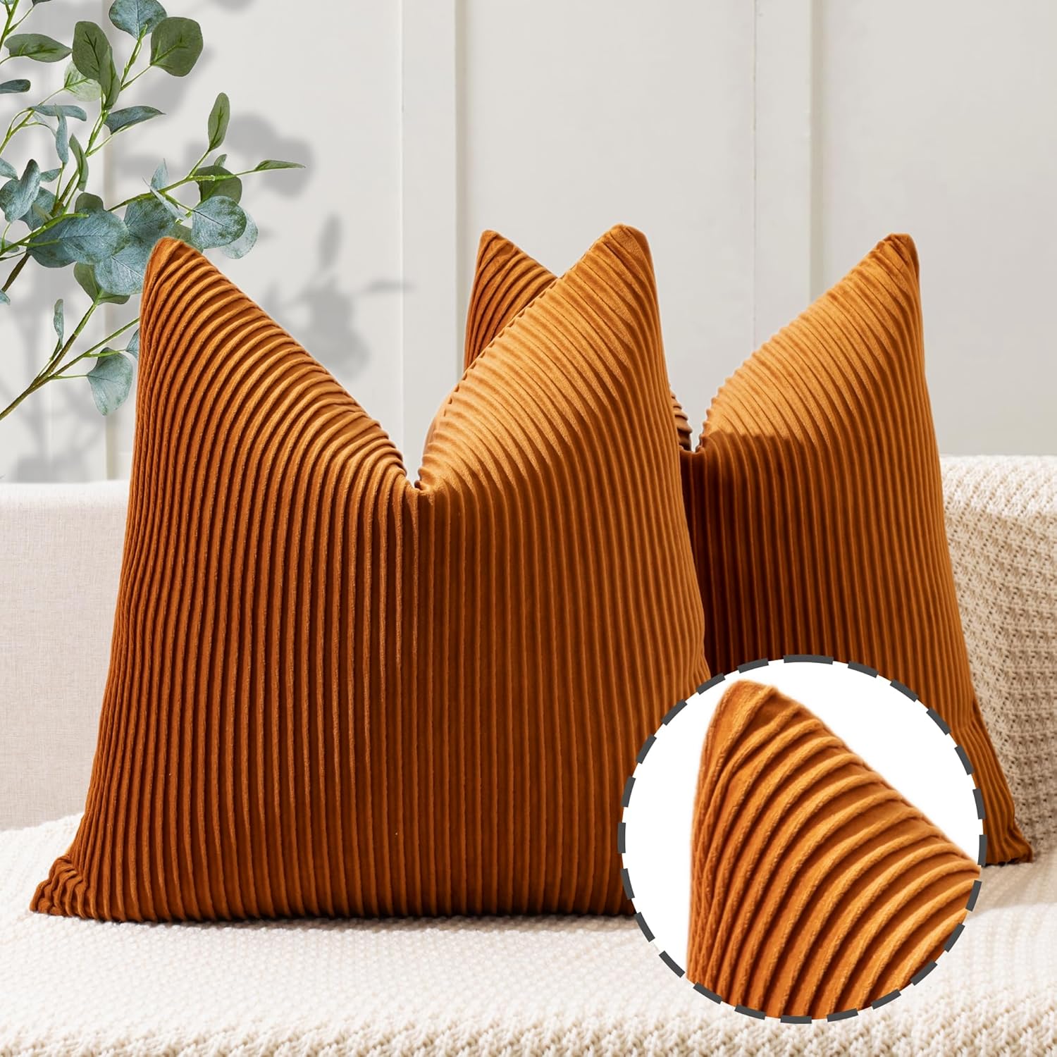 YCOLL Juego de 2 fundas de almohada naranja quemado de 20 x 20 pulgadas con patrón de rayas de terciopelo, almohadas suaves para decoración del