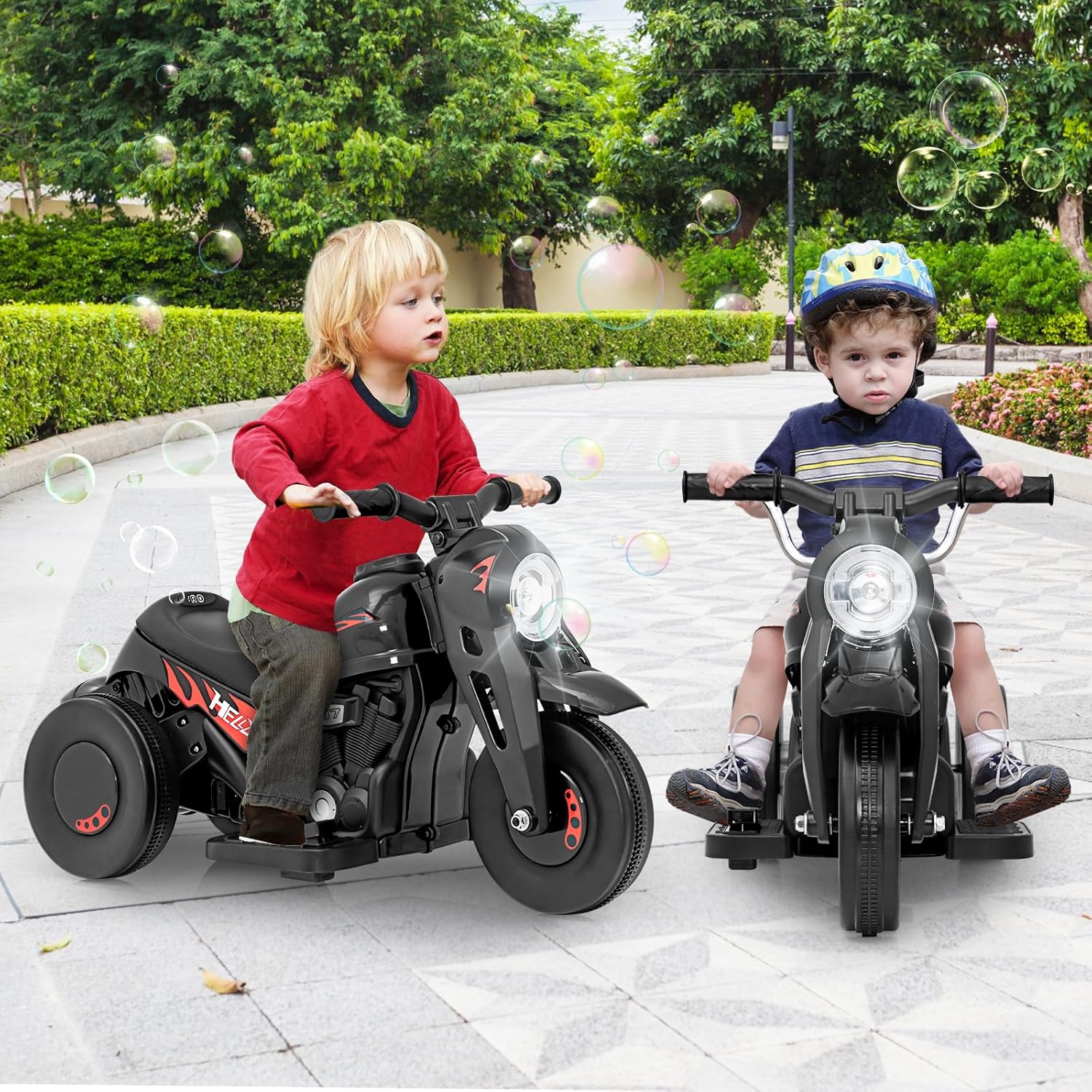 OLAKIDS Motocicleta para niños, automóvil eléctrico de 6 V con función automática de burbujas, pedal de pie, faro, música, 3 ruedas antideslizantes