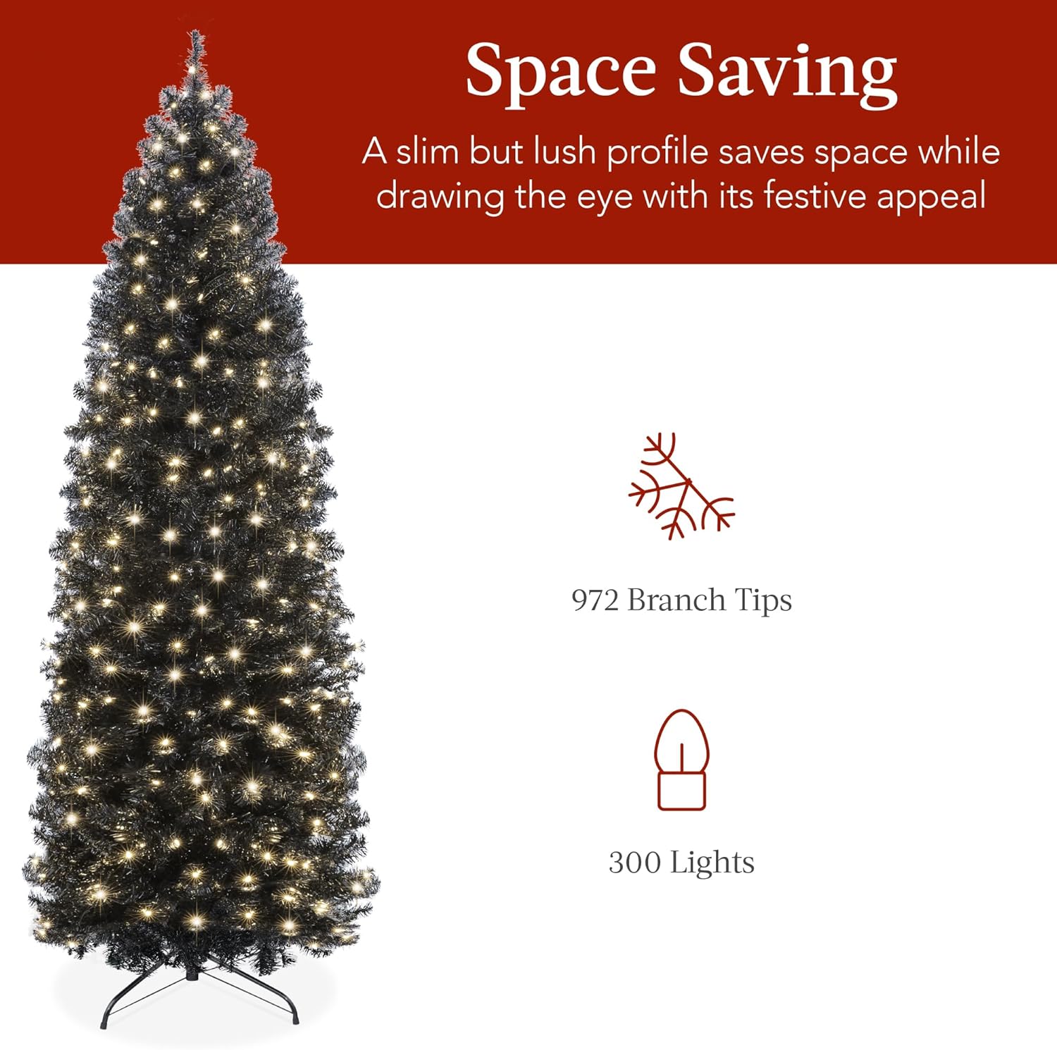 Best Choice Products Árbol de Navidad de lápiz negro preiluminado de 7.5 pies, árbol de vacaciones delgado artificial delgado para el hogar,