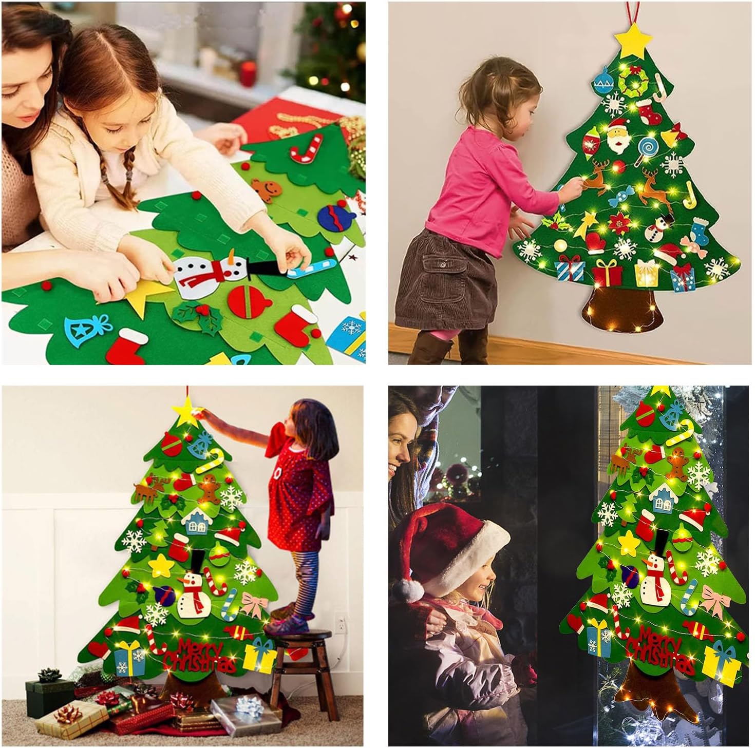 Juego de árbol de Navidad de fieltro para bricolaje, 32 piezas de adornos para colgar en la pared con luz LED, se puede reutilizar el árbol de